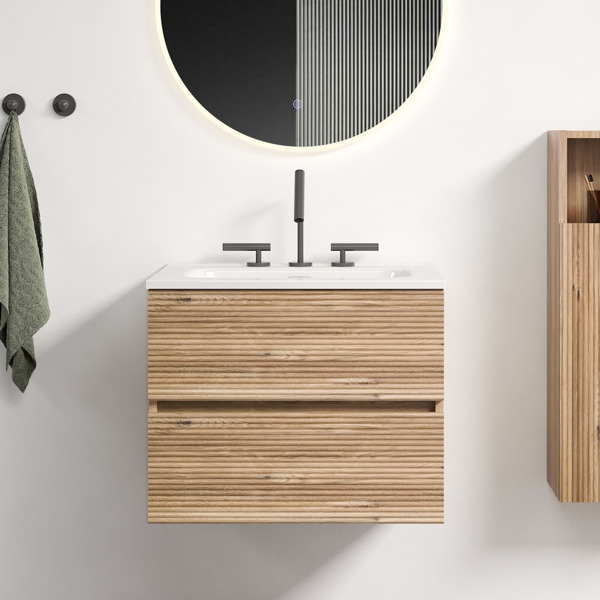 24 Inch Wall Mounted Rough Oak Rough Oak Bathroom Vanity With Integrated Ceramic Sink With 3 Holes Overflow