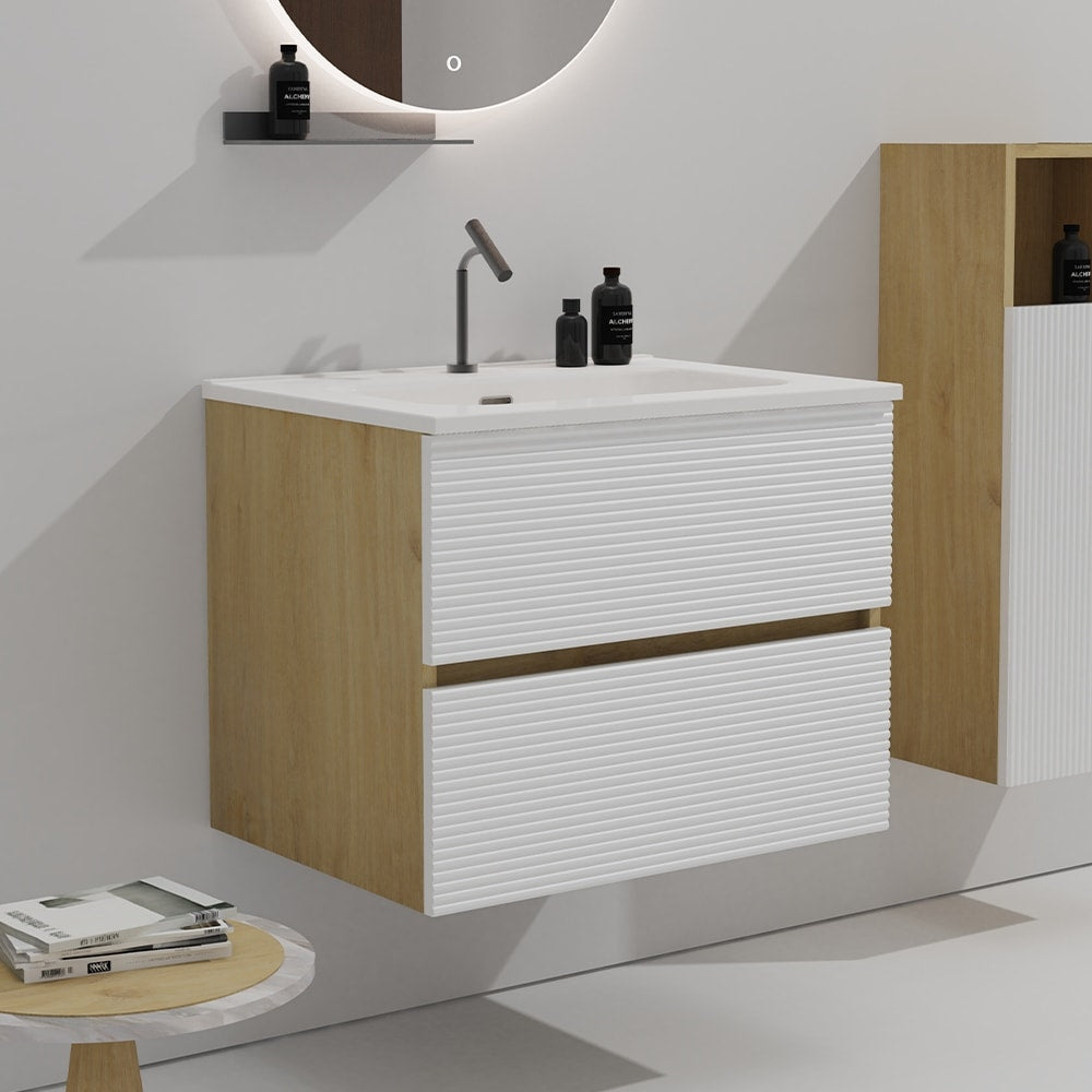 24 Inch Wall Mounted Snow White Matt Natural Oak Bathroom Vanity With Integrated Ceramic Sink With Overflow