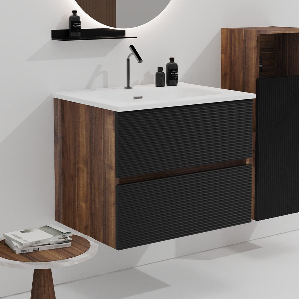 24 Inch Wall Mounted Soft Black Walnut Bathroom Vanity With Integrated Ceramic Sink With Overflow