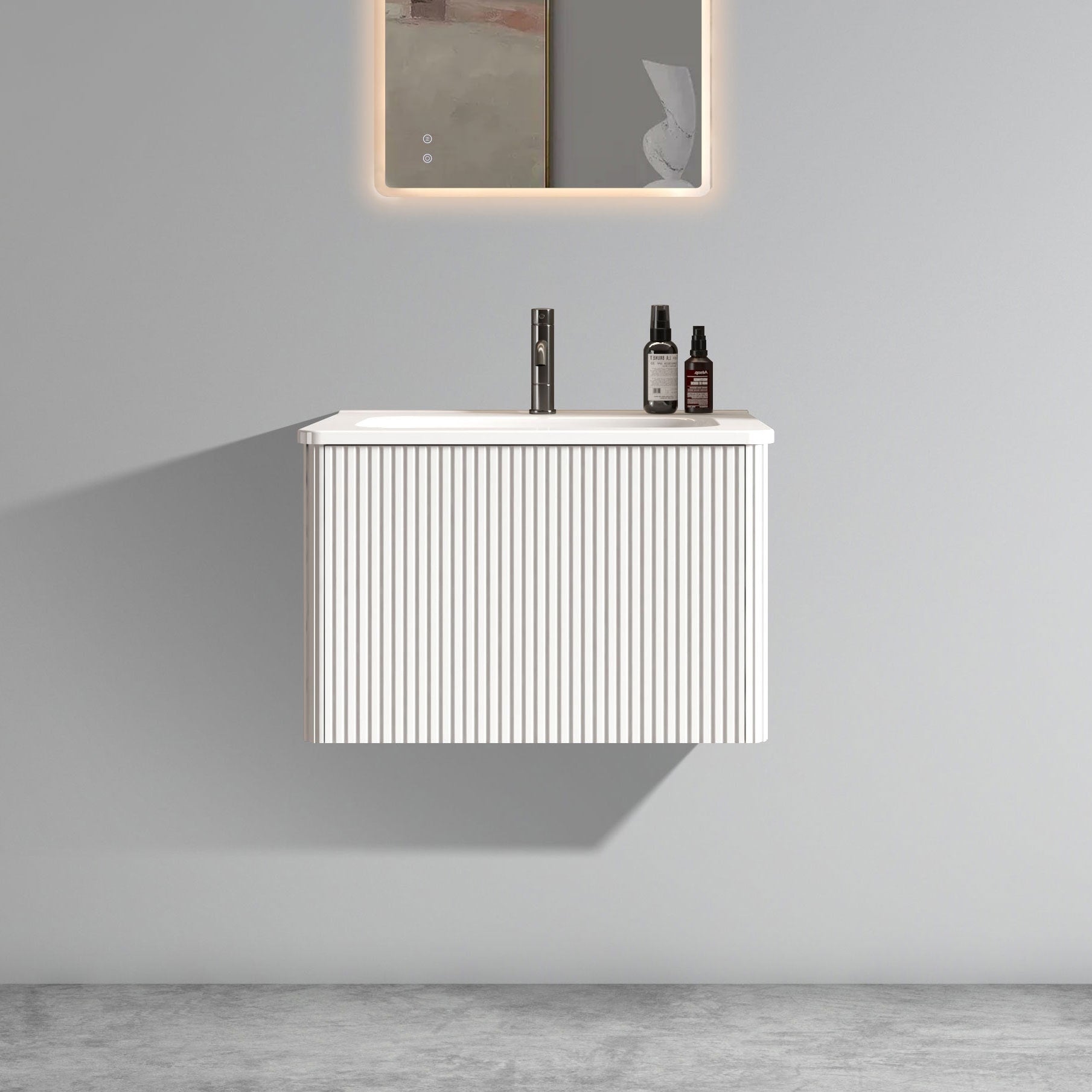 24 Inch With White Ceramic Sink Wall Mounted Floating Bathroom Vanity One Piece White Sink Basin Without Drain