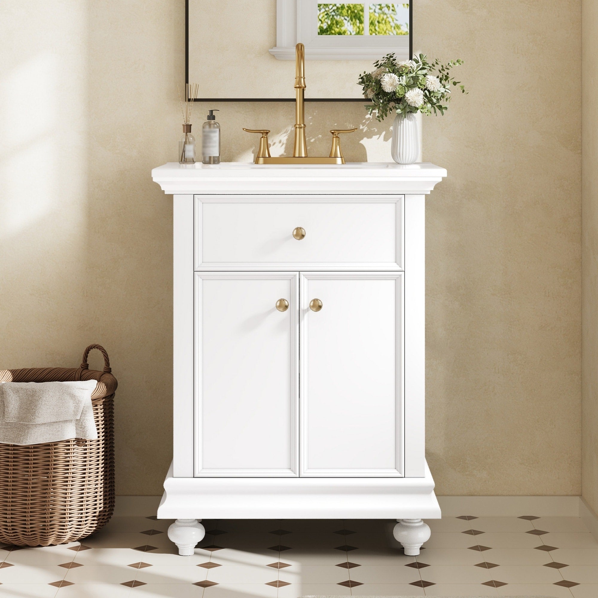 24 Modern Bathroom Vanity With A Tip Out Drawer Soft Close Hinges Bathroom Cabinet With Back Open Structure Ball Turned Legs