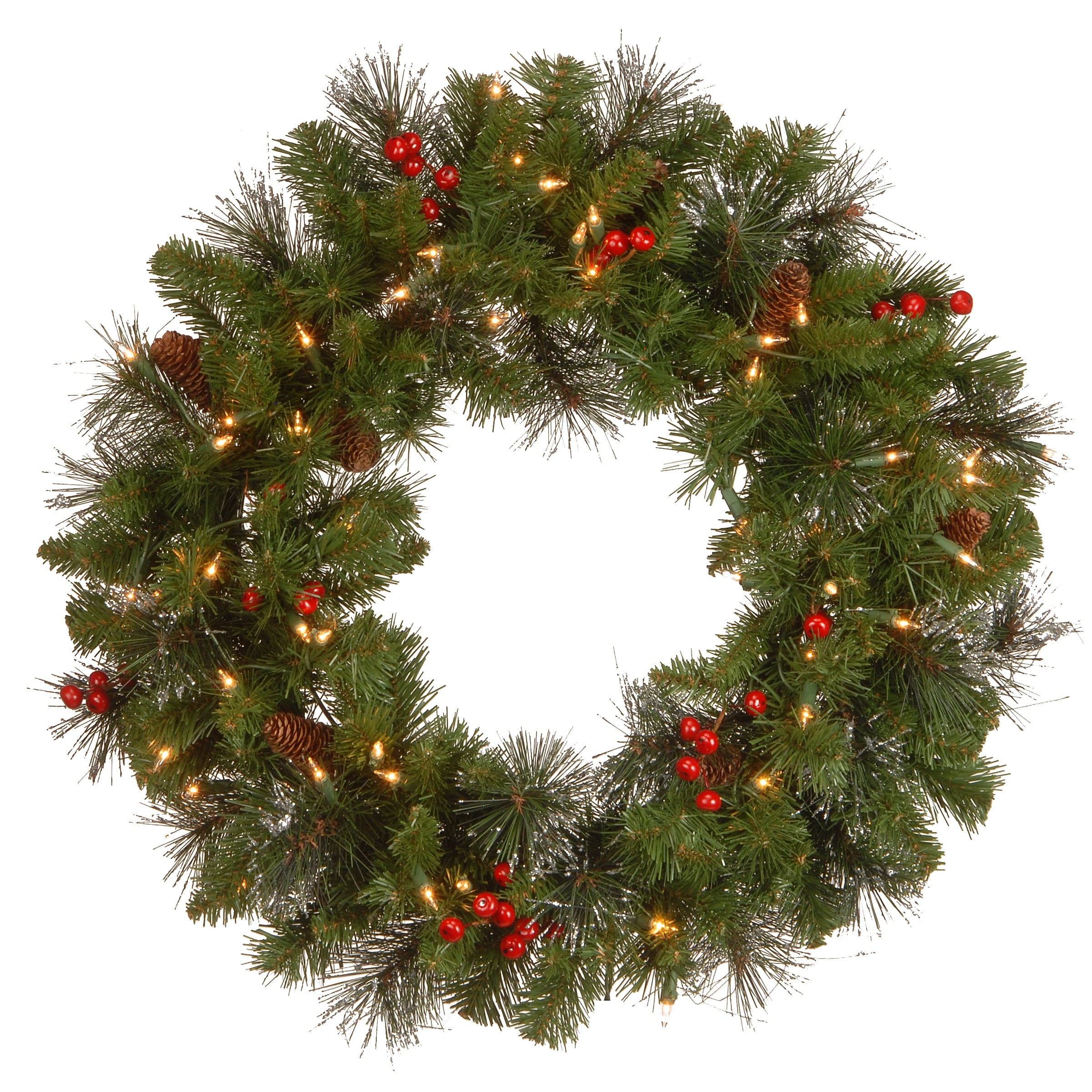 24 Crestwood Spruce Wreath With Silver Bristle Cones Red Berries And Glitter With 50 Clear Lights