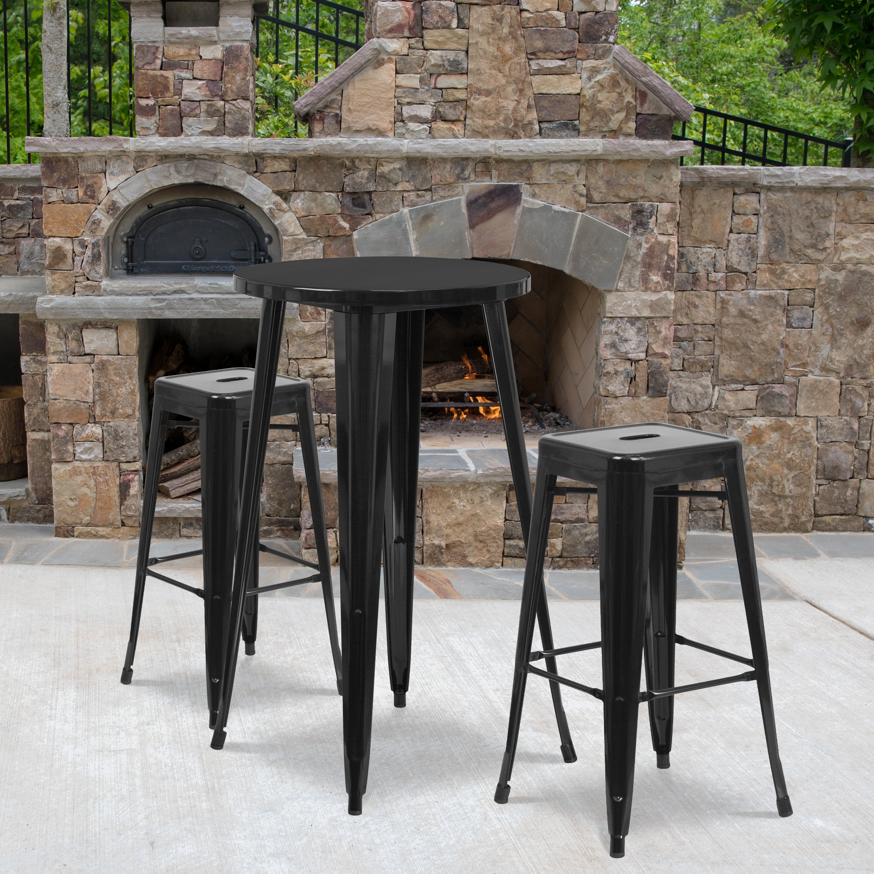 24 Round Metal Indoor Outdoor Bar Table Set With 2 Square Seat Backless Stools