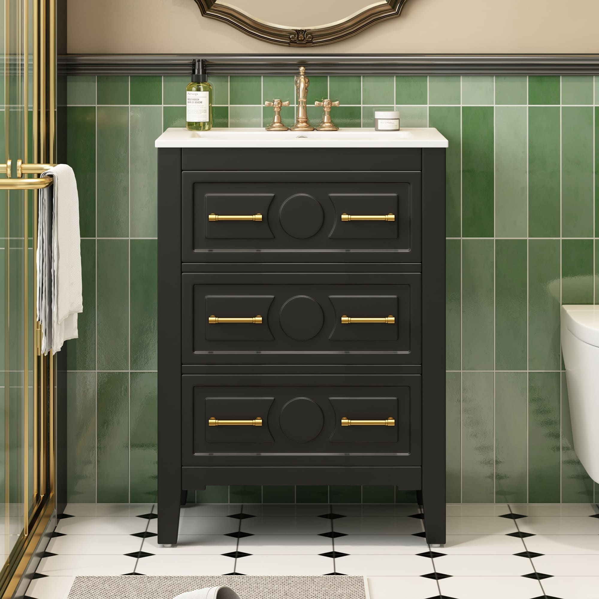 24 Solid Wood Bathroom Vanity Combo W Ceramic Sink 3 Drawers Freestanding Single Vanity Cabinet