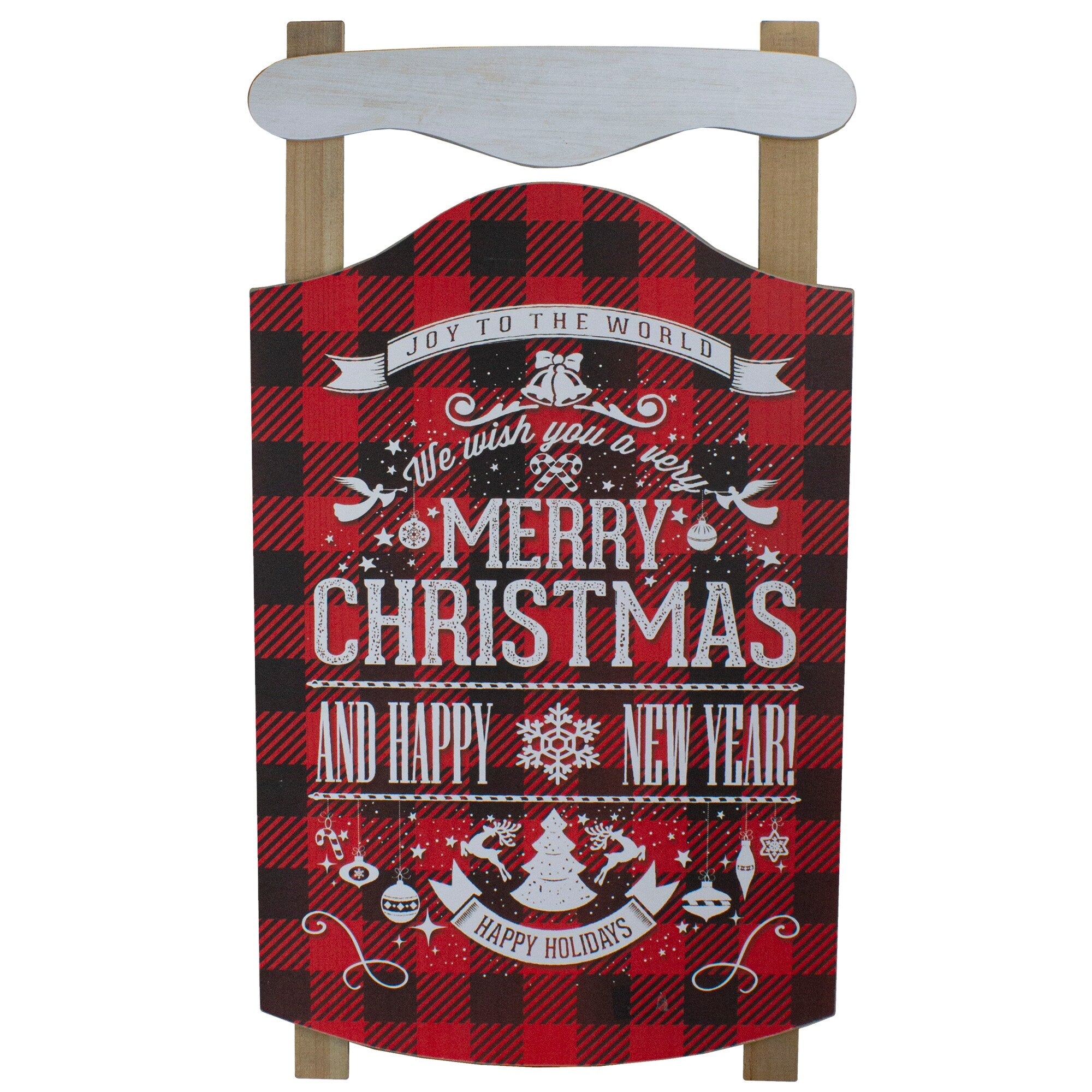 24 Red Black Buffalo Plaid Merry Christmas Sled Wooden Wall Sign