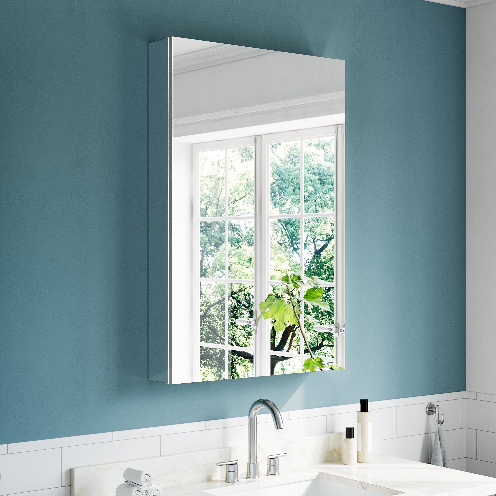 24X36 Tri View Mirrored Medicine Cabinet Soft Close Blum Hinges Reversible Bi View Door Recess Surface Mount Aluminum Body