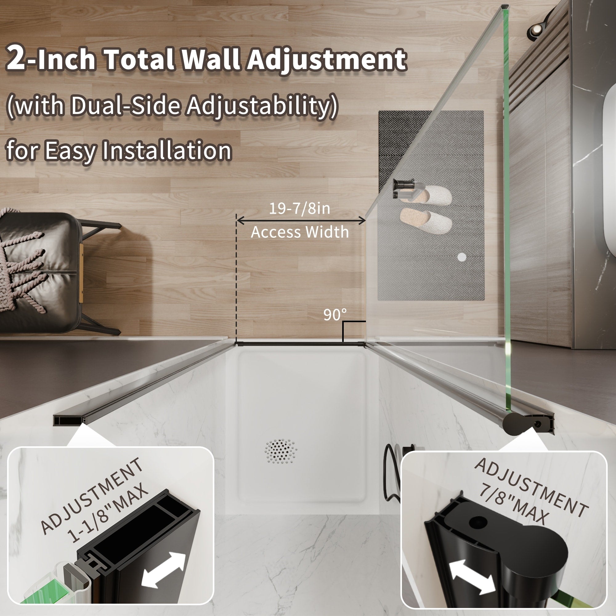 24X72 Semi Frameless Pivot Shower Door 1 4 Clear Glass 180Degree Dual Swing 2 Adjustable Width Enclosure