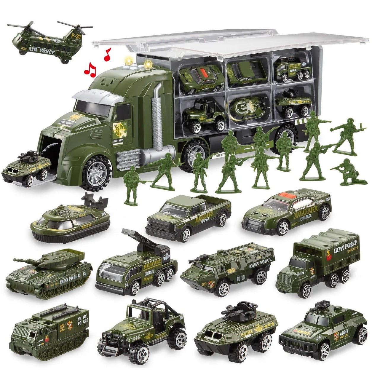 25 In 1 Military Kids Truck Toys With Lights And Sounds Green