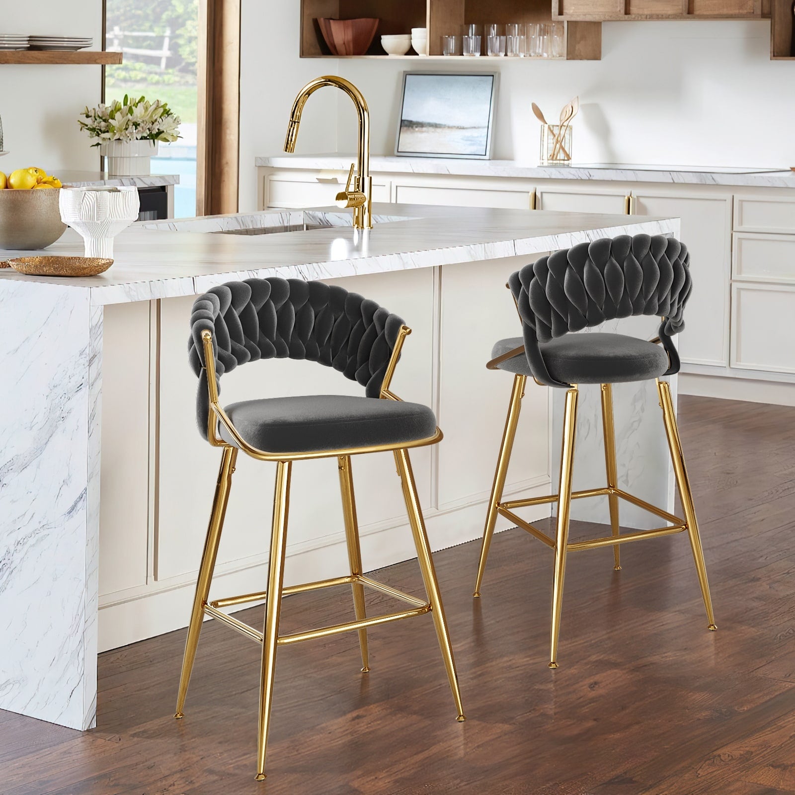 25.2 Modern Velvet Counter Stool With Gold Accents Ergonomic Design Plush Seat For Kitchen Island Bar