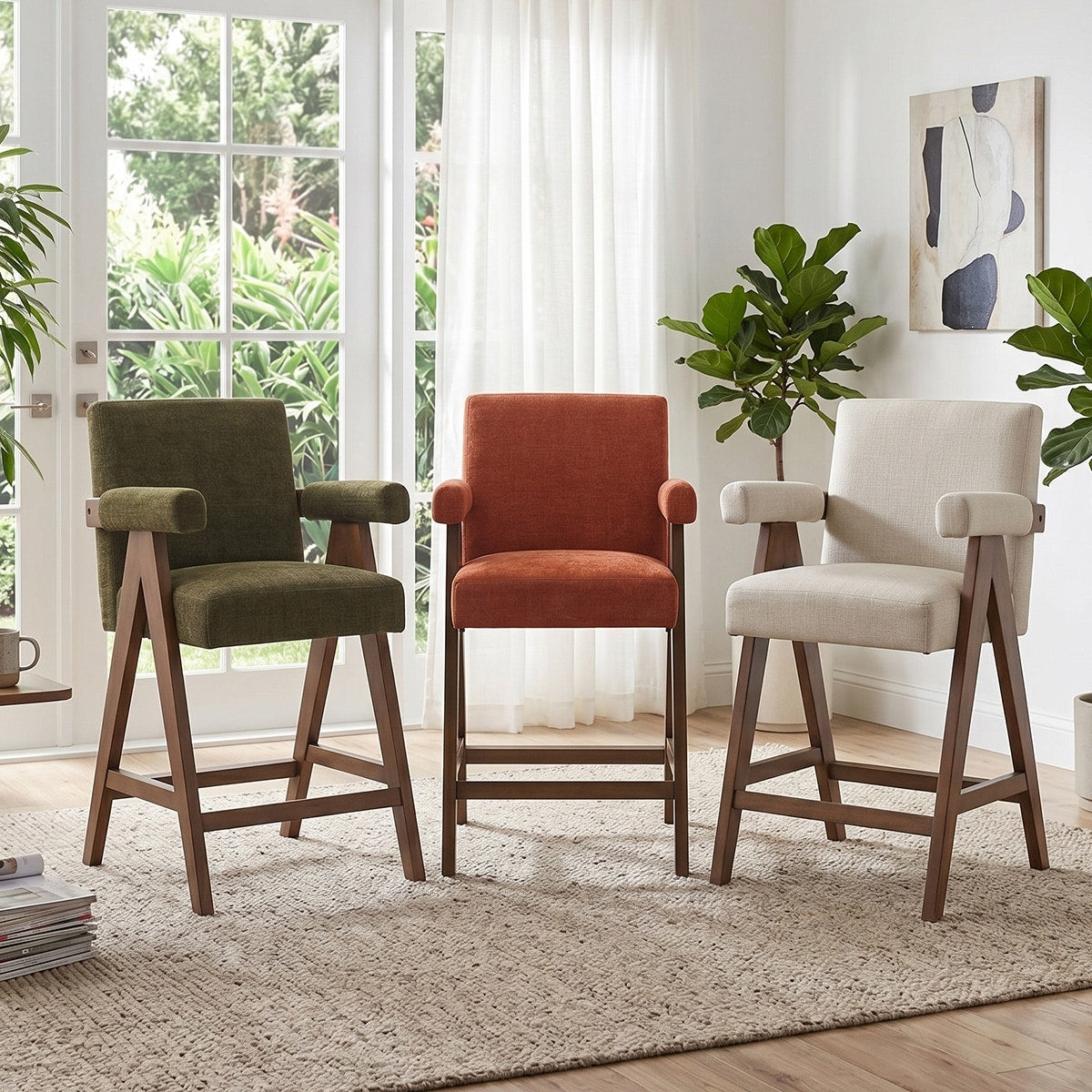 25.5 Seat Height Upholstered Counter Height Bar Stools With Arms Solid Wood Frame Set Of 2