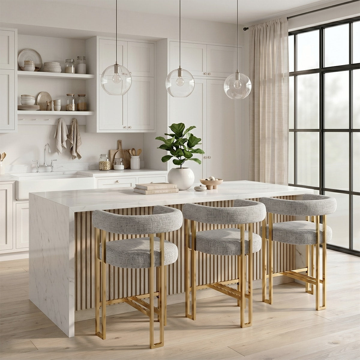 25 Chenille Upholstered Counter Stools With Gold Metal Legs Set Of 4
