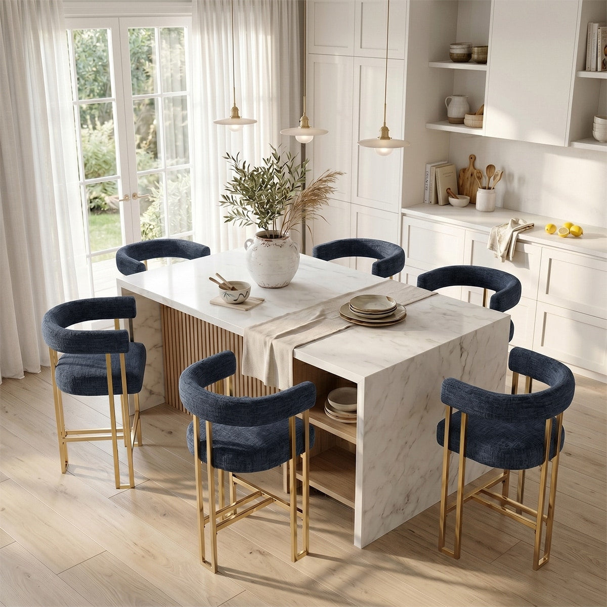 25 Chenille Upholstered Counter Stools With Gold Metal Legs Set Of 6