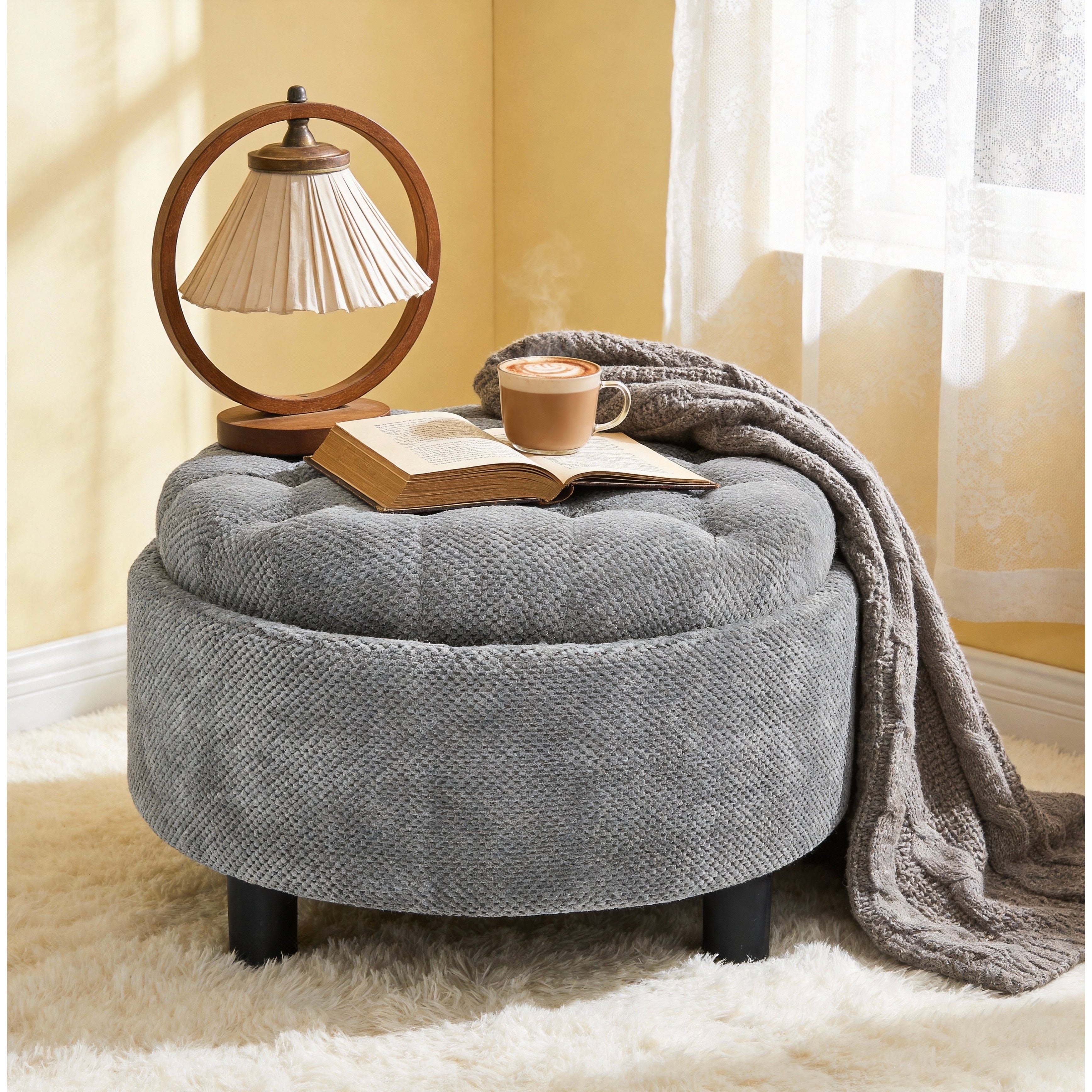 25 Round Storage Ottoman With Tray Moderntufted Fabric Circle Coffee Table With Storage Upholstered Ottoman With Removable Top