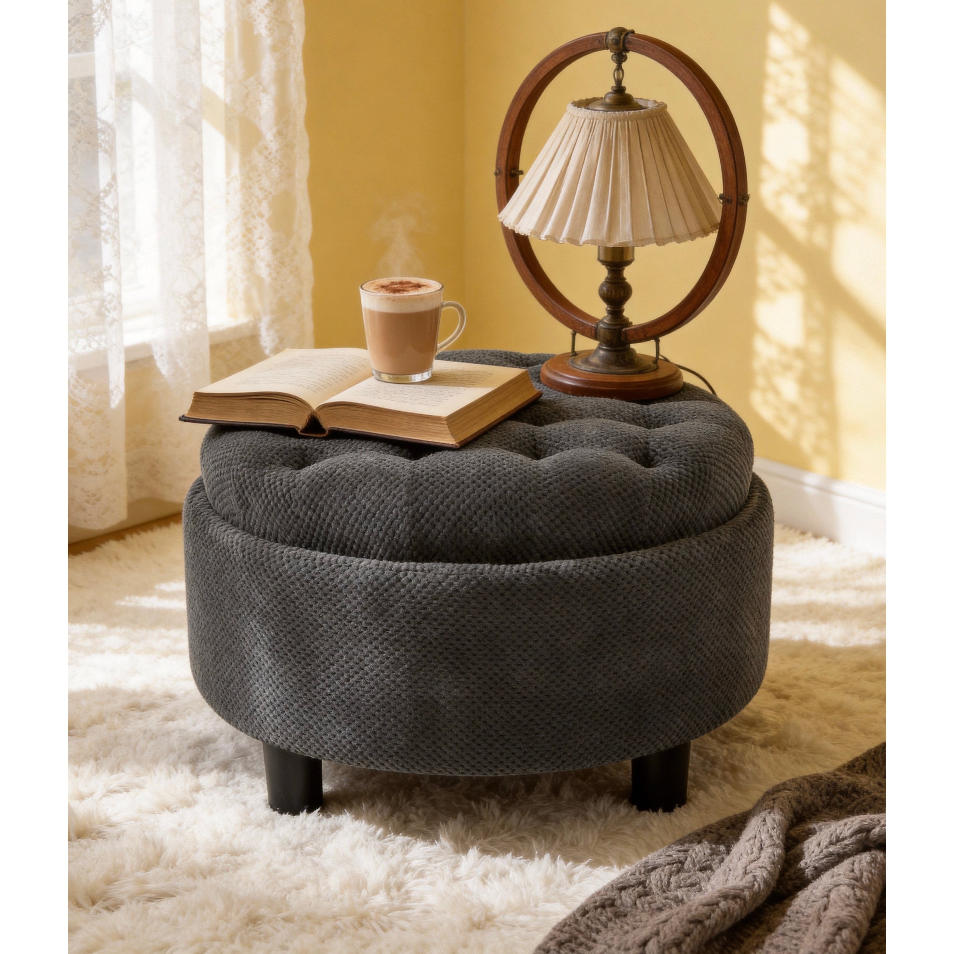 25 Round Storage Ottoman With Tray Moderntufted Fabric Circle Coffee Table With Storage Upholstered Ottoman With Removable Top