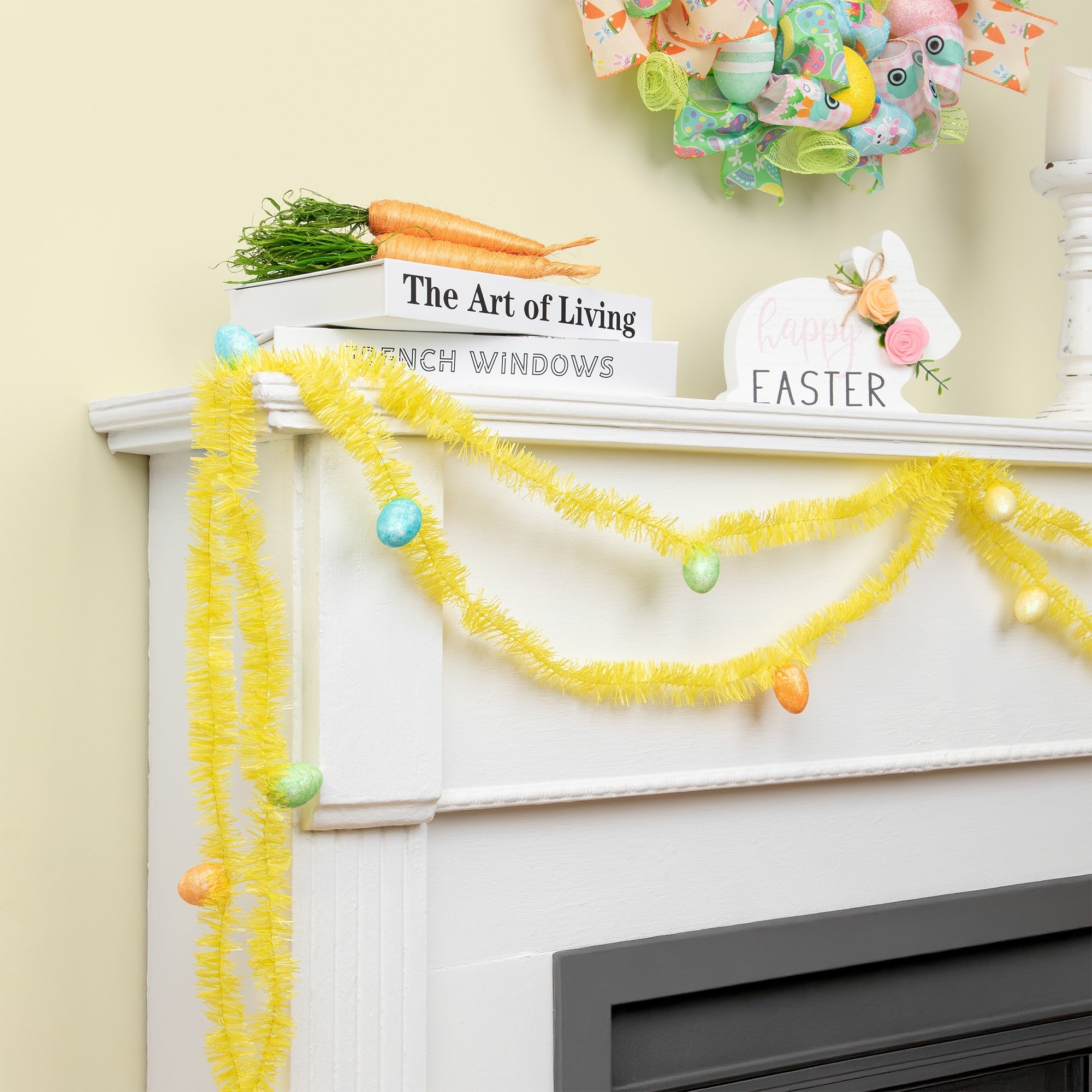 25 Yellow Spring Tinsel Garland With Easter Eggs Unlit
