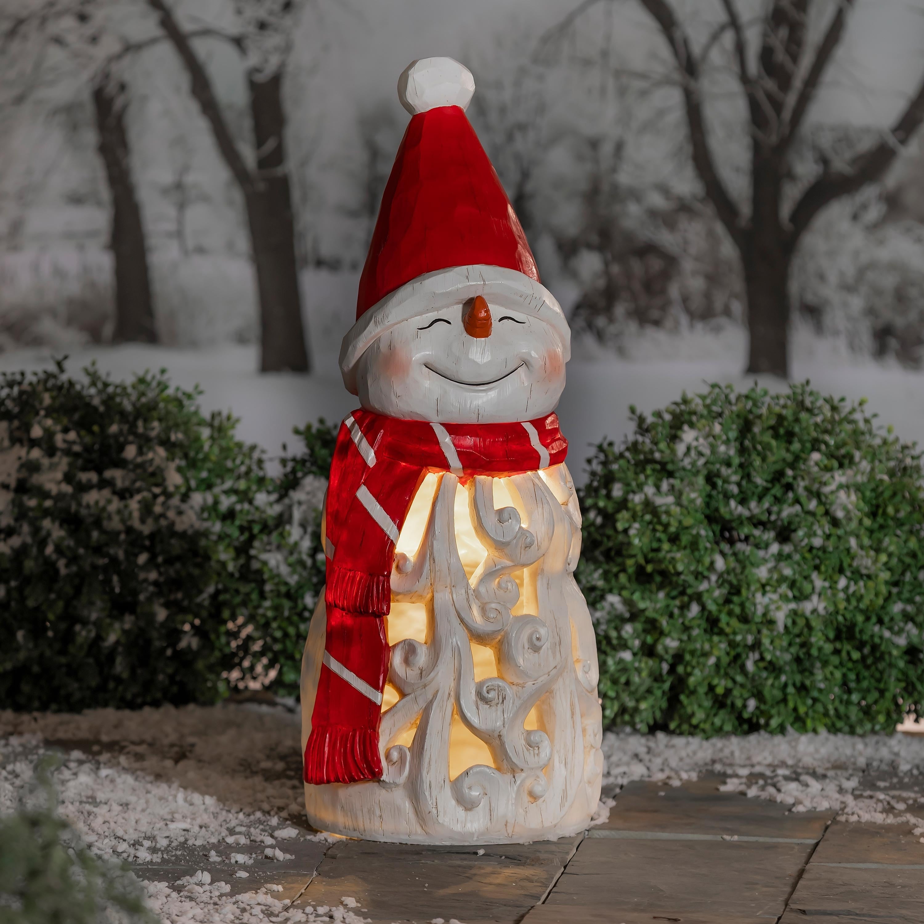 26 In. Snowman With Hut Resin Garden Statue Multicolor