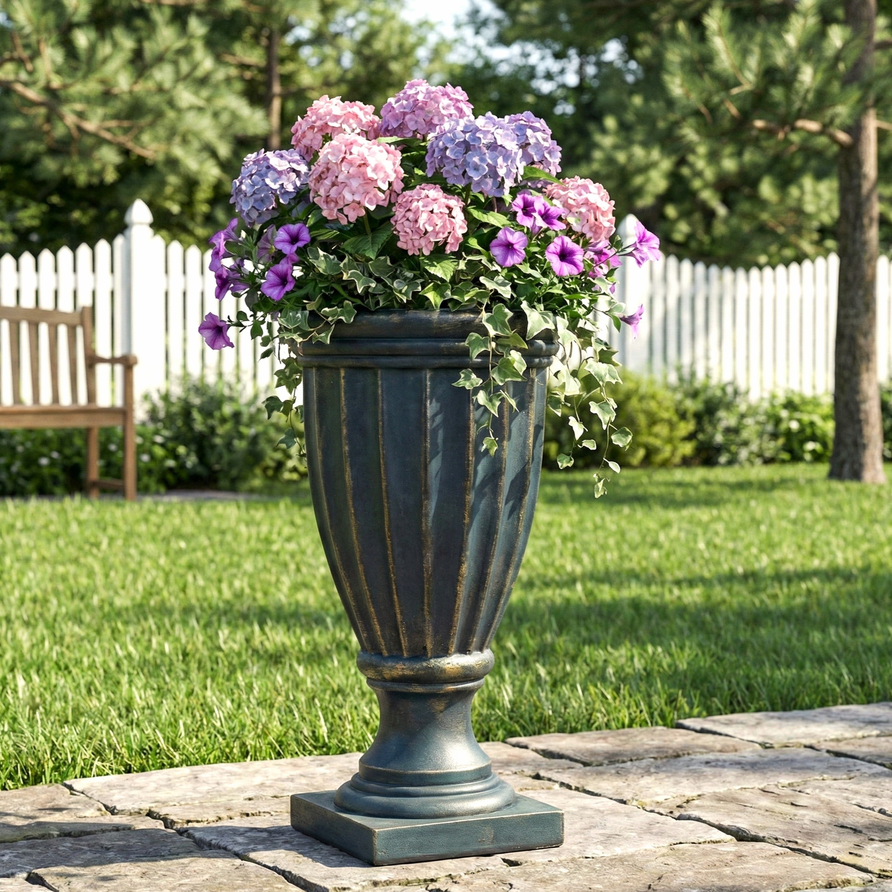 26.77 H Fluted Mgo Pedestal Urn Planter For Garden Patio Front Porch