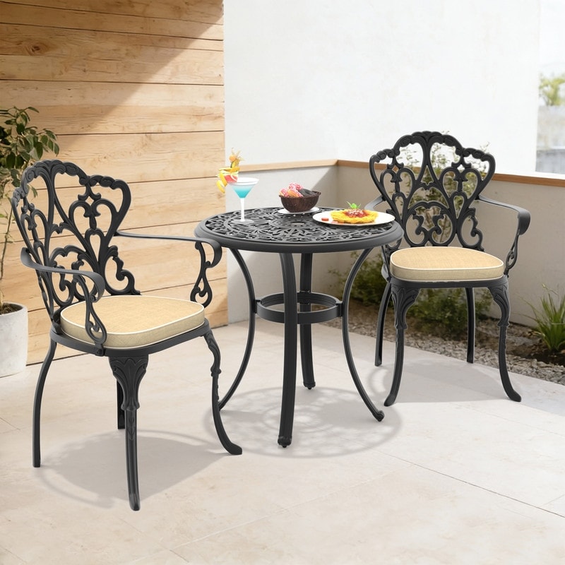 26.77In Round Black Cast Aluminum Outdoor Dining Table With Unbrella Hole 2 Outdoor Chairs With Brown Cushions 3 Piece Set