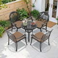 26.77In Round Black Cast Aluminum Outdoor Dining Table With Unbrella Hole 4 Outdoor Chairs With Brown Cushions 5 Piece Set