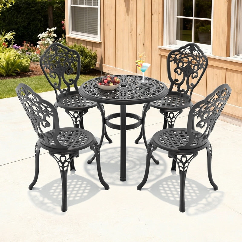 26.77In Round Black Cast Aluminum Outdoor Dining Table With Unbrella Hole 4 Outdoor Dining Chairs Without Cushion