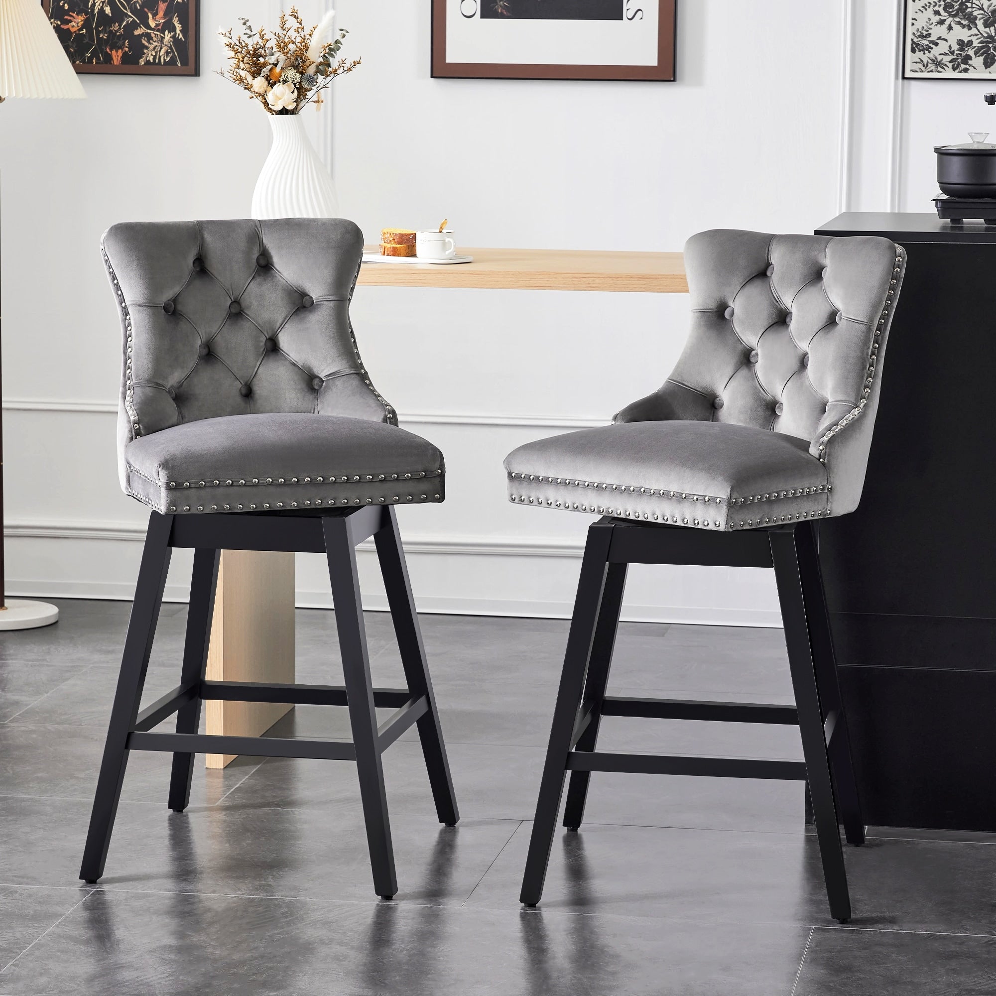 26 30 Velvet Upholstered Swivel Counter Or Bar Height Stools Set Of 2