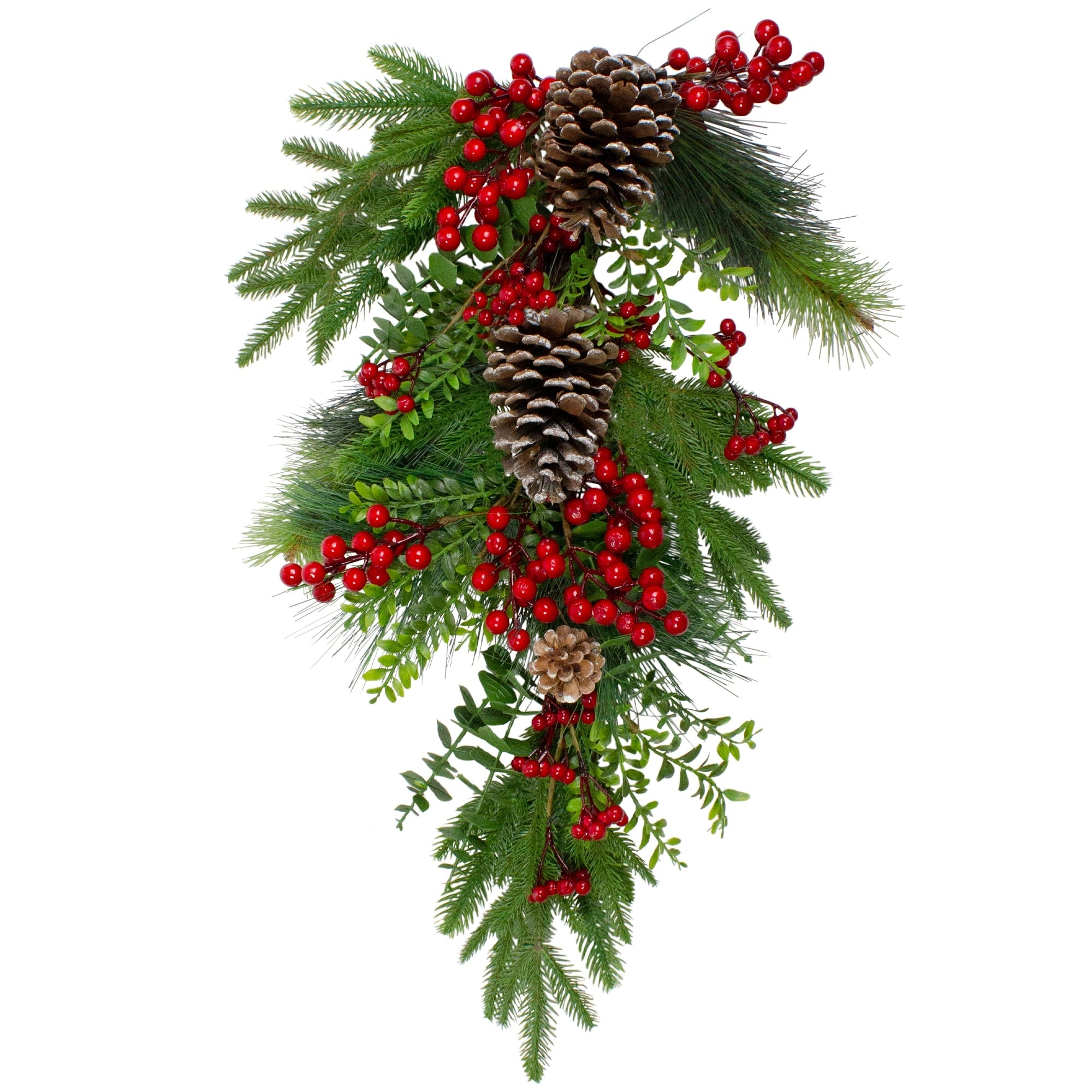 26 Berry And Snowy Pinecones Artificial Teardrop Christmas Swag Unlit.