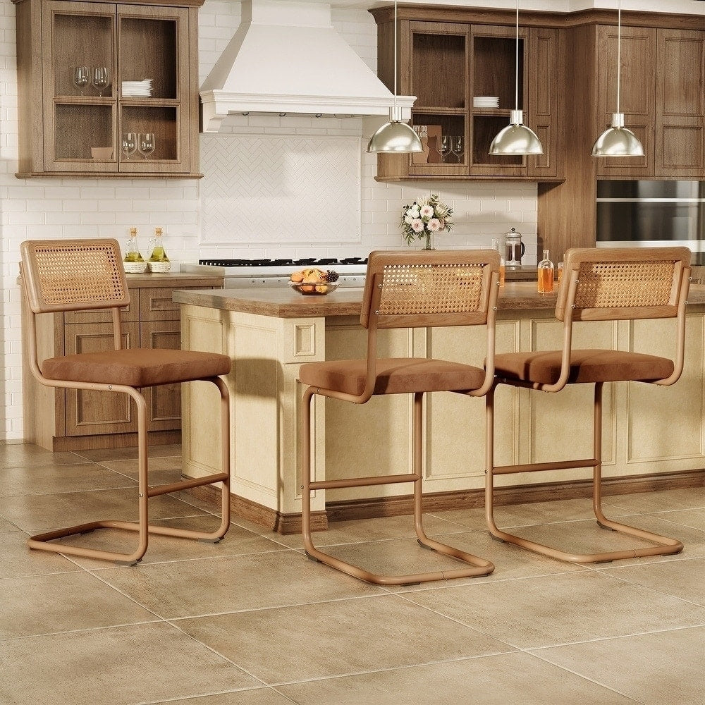 26 Counter Height Bar Stool With Velvet Upholstered Seat And Woven Rattan Style Back 26 H