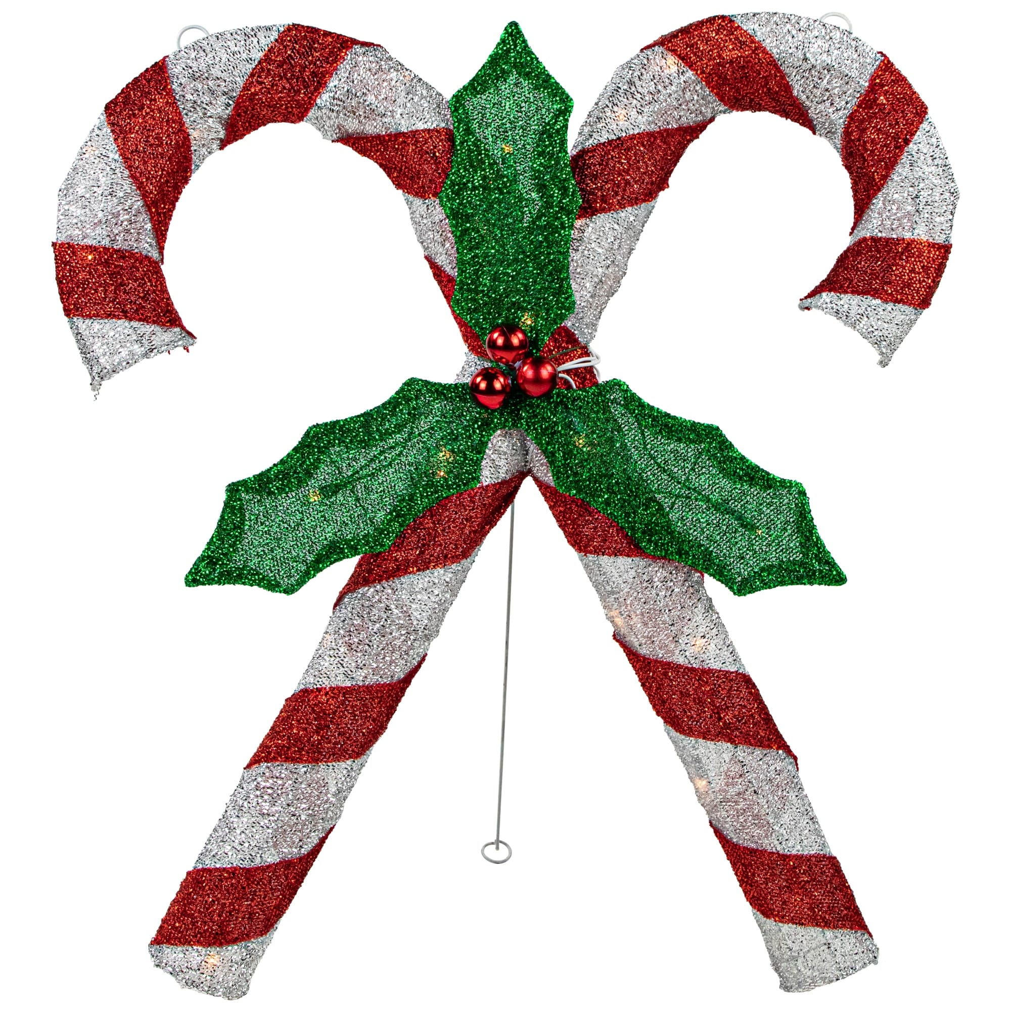 26 Lighted Red Silver Double Candy Cane With Holly Tinsel Christmas Outdoor Decoration