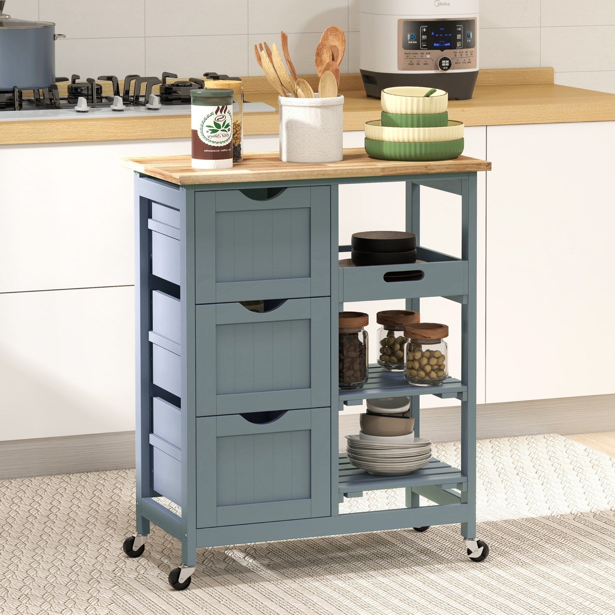 26 Rolling Kitchen Cart With Removable Tray 2 Slatted Shelves Mobile Kitchen Island With Drawers