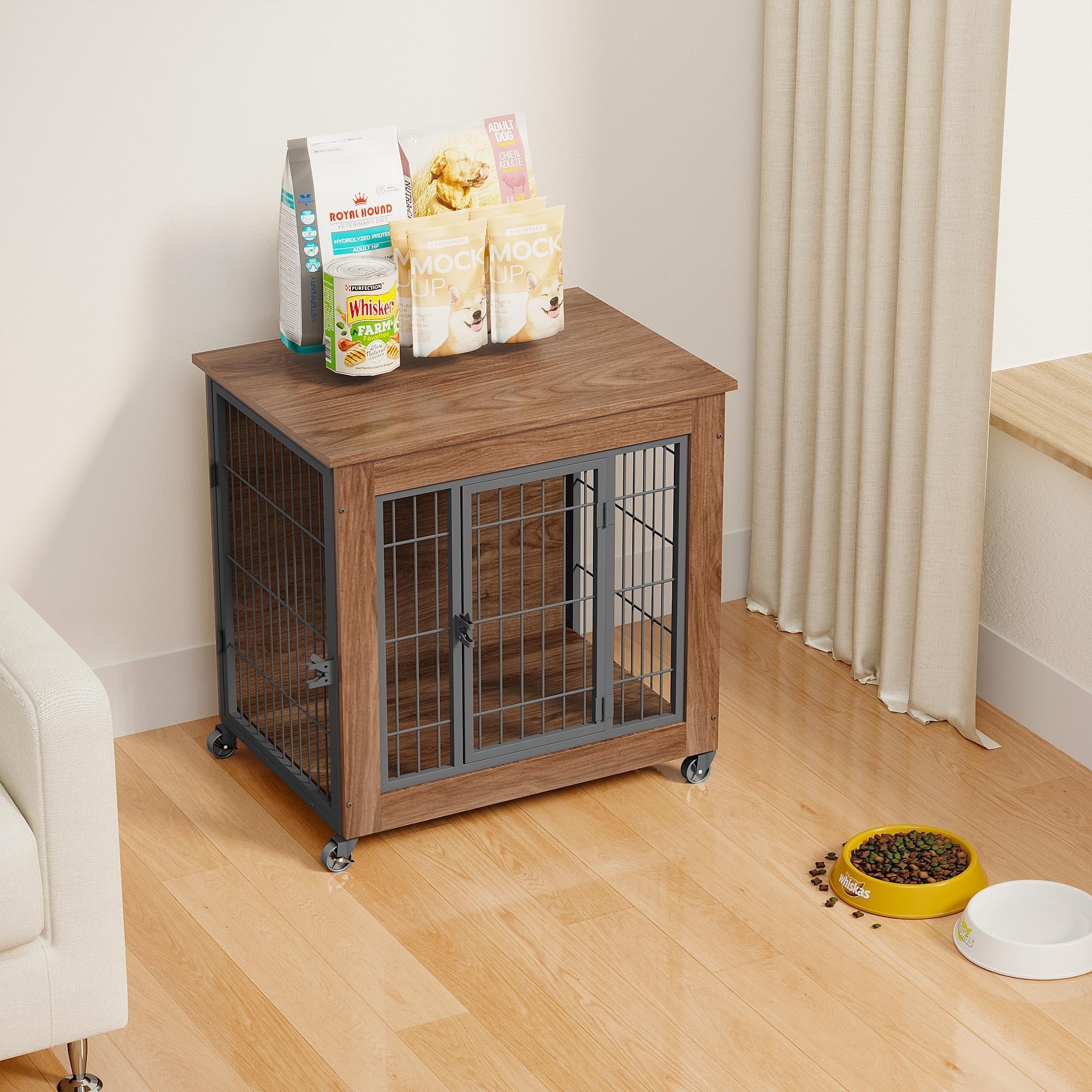 27.2 Dog Crate Furniture With Wheels For Small Dogs Heavy Duty Dog Kennel Indoor With 2 Doors Double Doors Sturdy Dog Cage