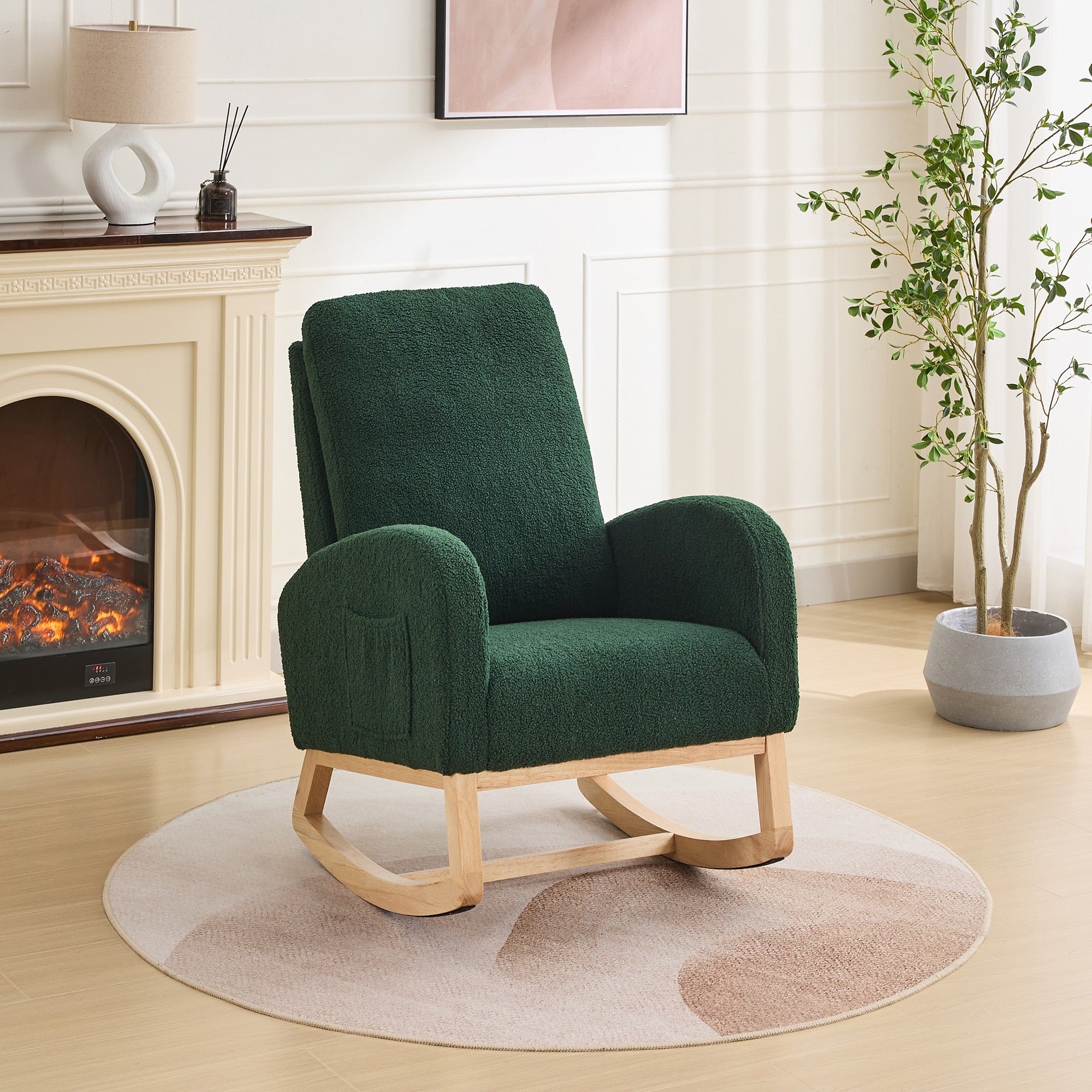 27.2 W Rocking Chair Green Side Chair With High Back And Side Pocket Accent Chair Armchair With Wood Legs