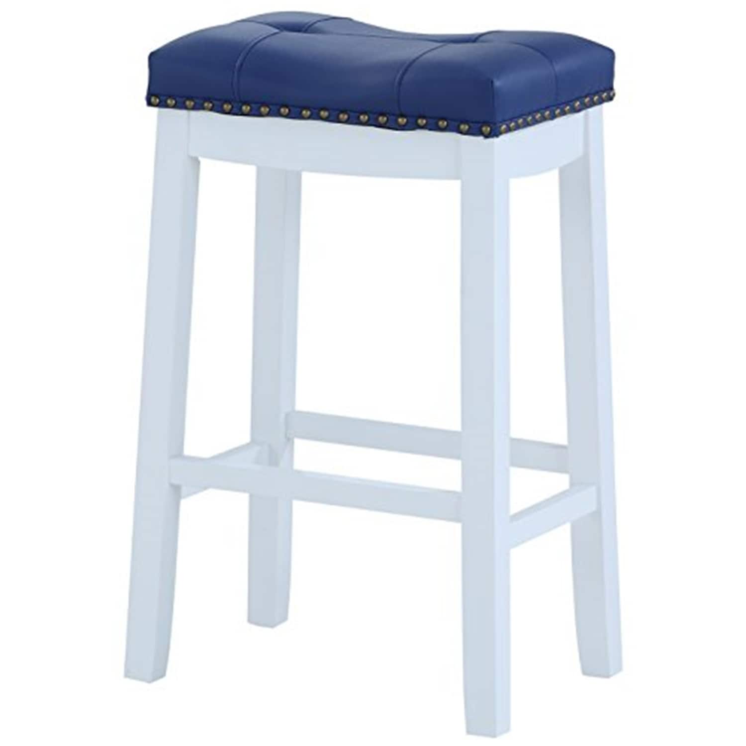 27.5 In.H Blue Finish Low Back Wood Frame Barstool Leather Seat Set Of 1 29