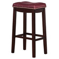 27.5 In.H Red Finish Low Back Wood Frame Barstool Leather Seat Set Of 1 29