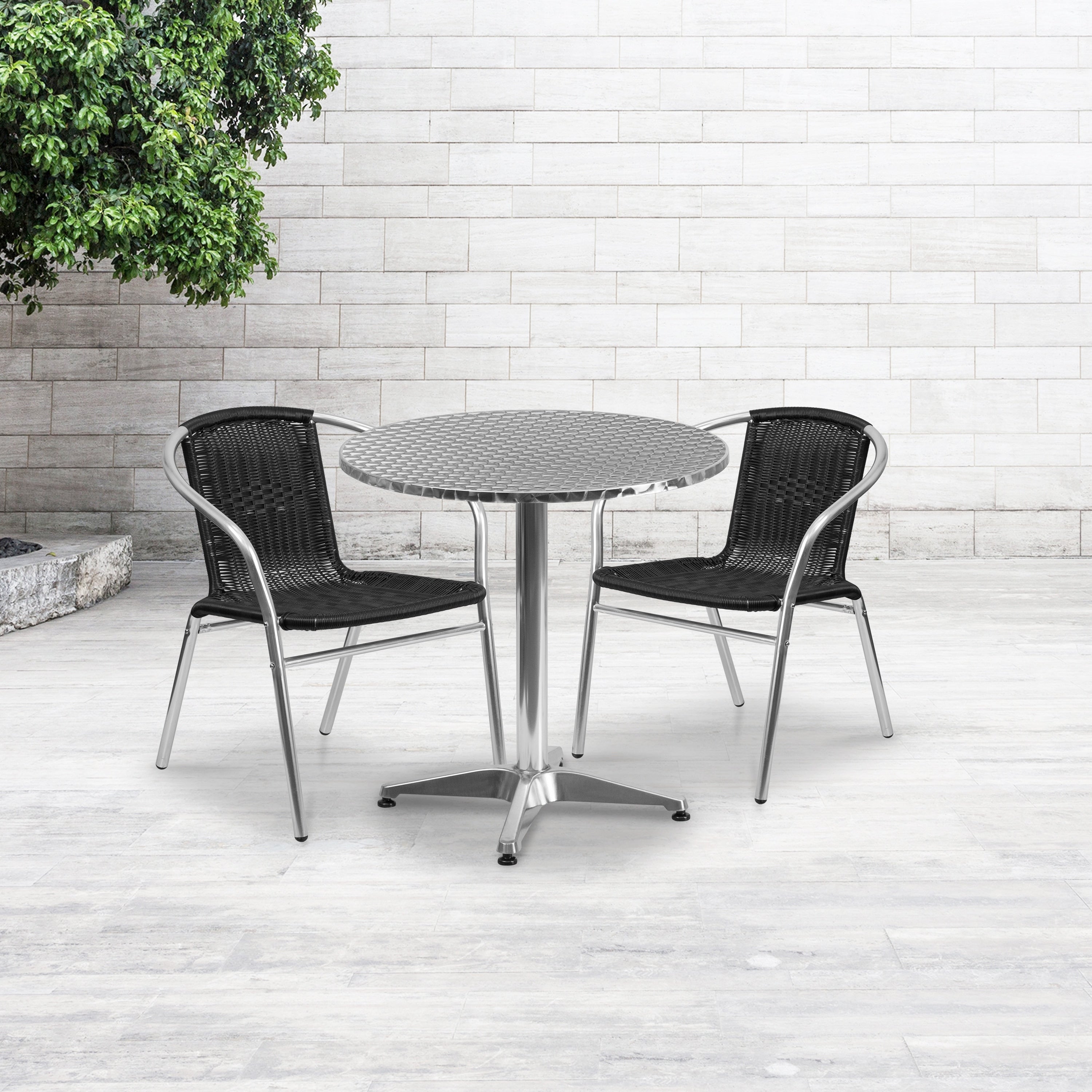27.5 Round Aluminum Indoor Outdoor Table Set With 2 Beige Rattan Chairs 27.5 W X 27.5 D X 27.5 H