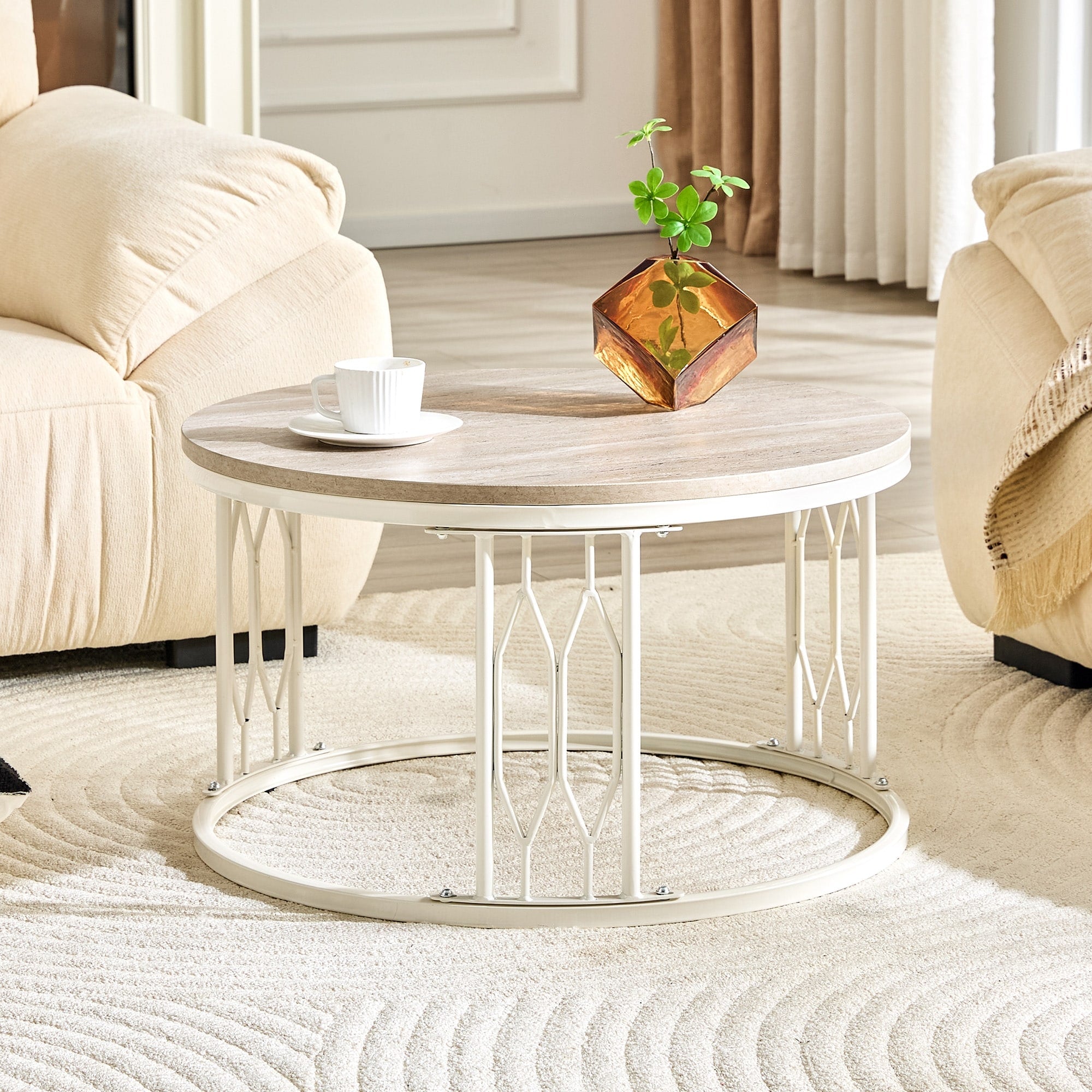 27.5 Round Mdf Coffee Table With Stone Effect Textur