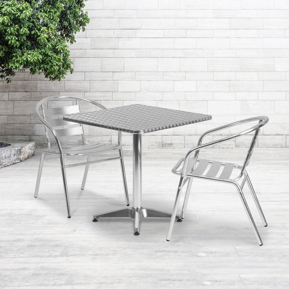 27.5 Square Aluminum Indoor Outdoor Table Set With 2 Slat Back Chairs 27.5 W X 27.5 D X 27.5 H