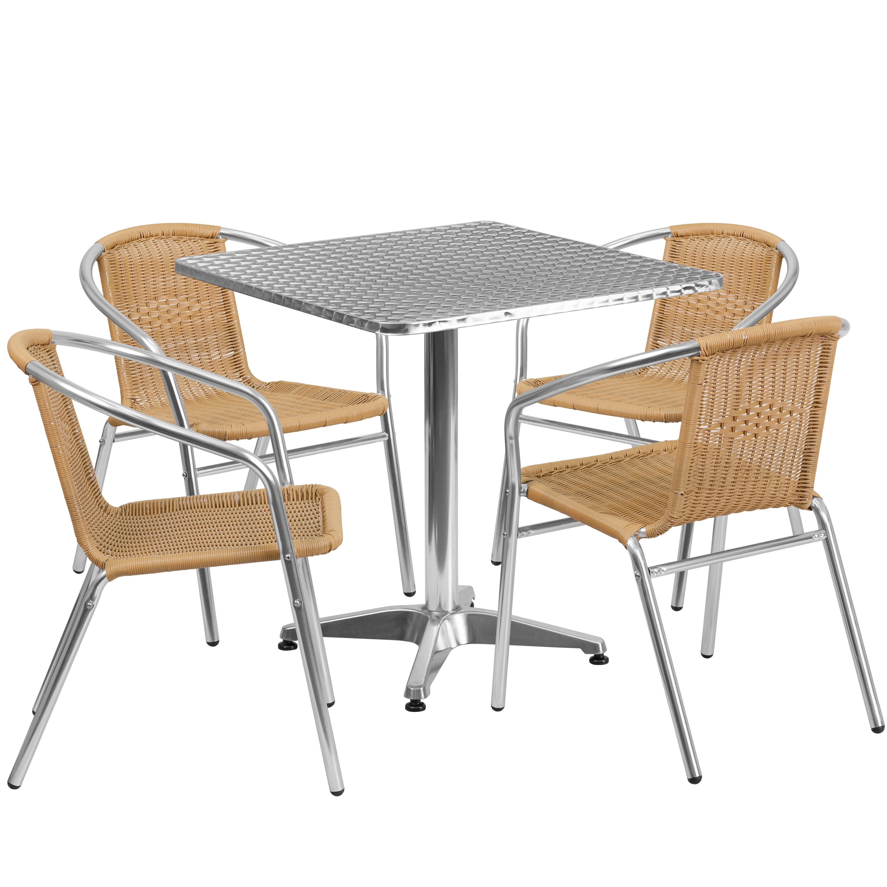 27.5 Inch Square Aluminum Indoor Outdoor Table With 4 Rattan Chairs