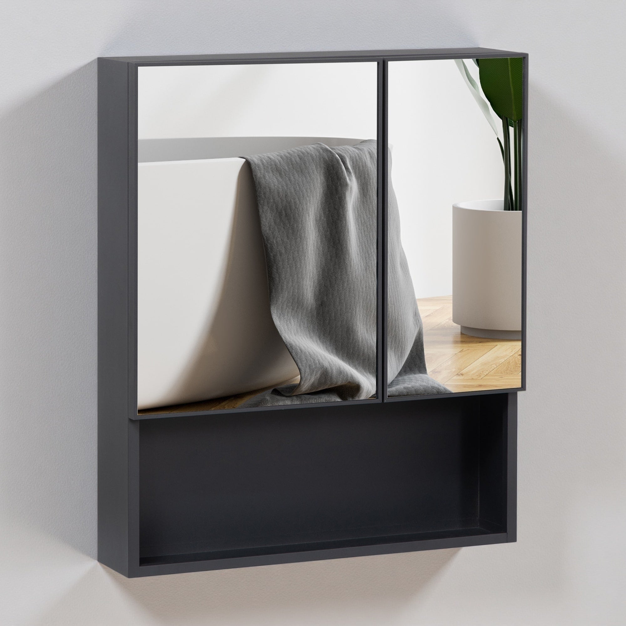27.5 H Wall Mounted Medicine Cabinet Double Door Bathroom Mirror Cabinet With Storage Shelves Stainless Steel Frame