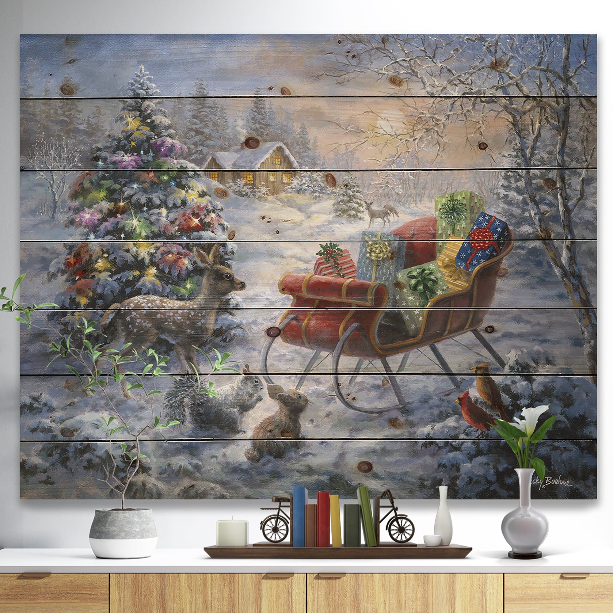 Designart Christmas Tree Magic Winter Scene With Presents In Sleigh Print On Natural Pine Wood Red