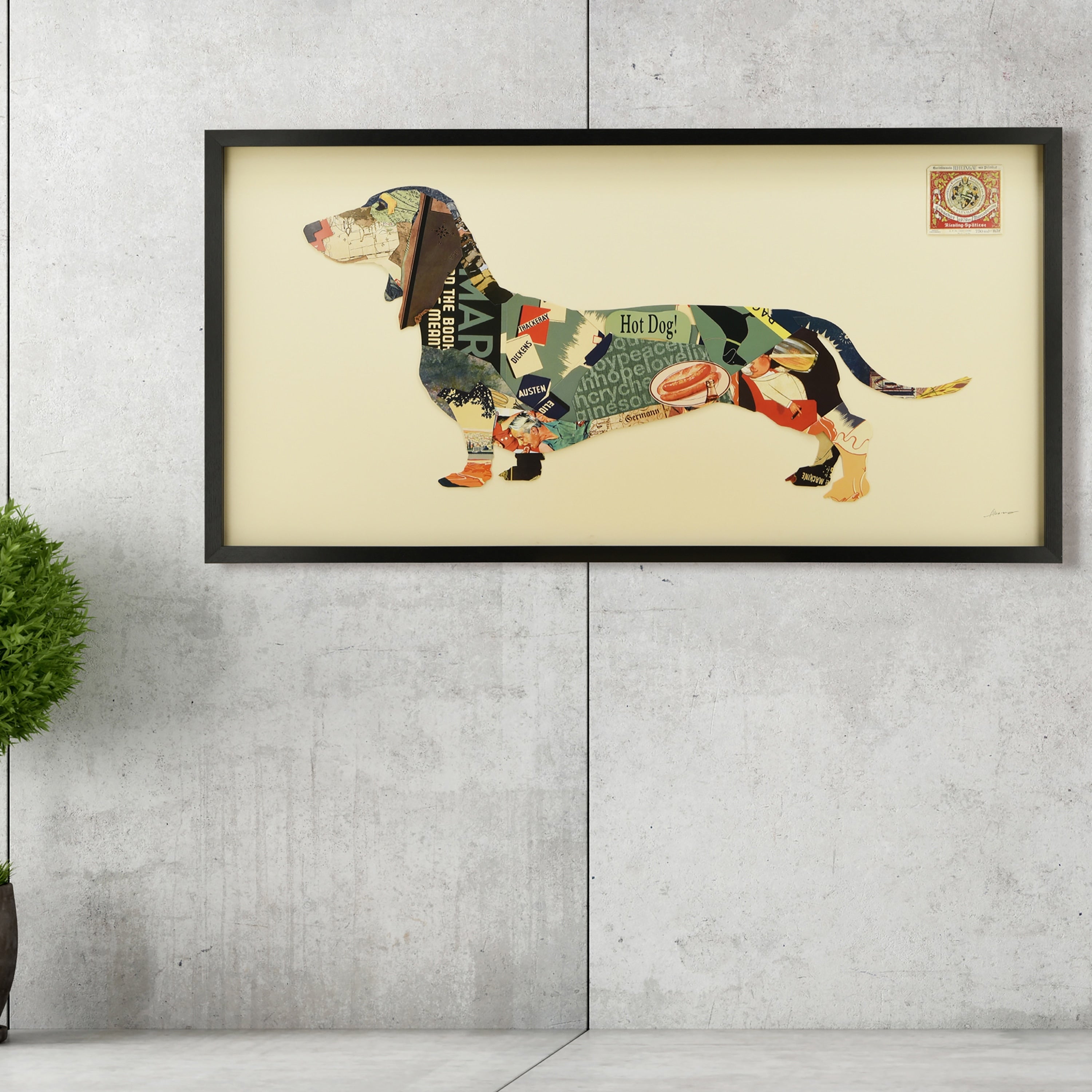 Empire Art Dachshund Hand Made Signed Art Collage By Ead Artists Co Op Under Tempered Glass In Black Frame