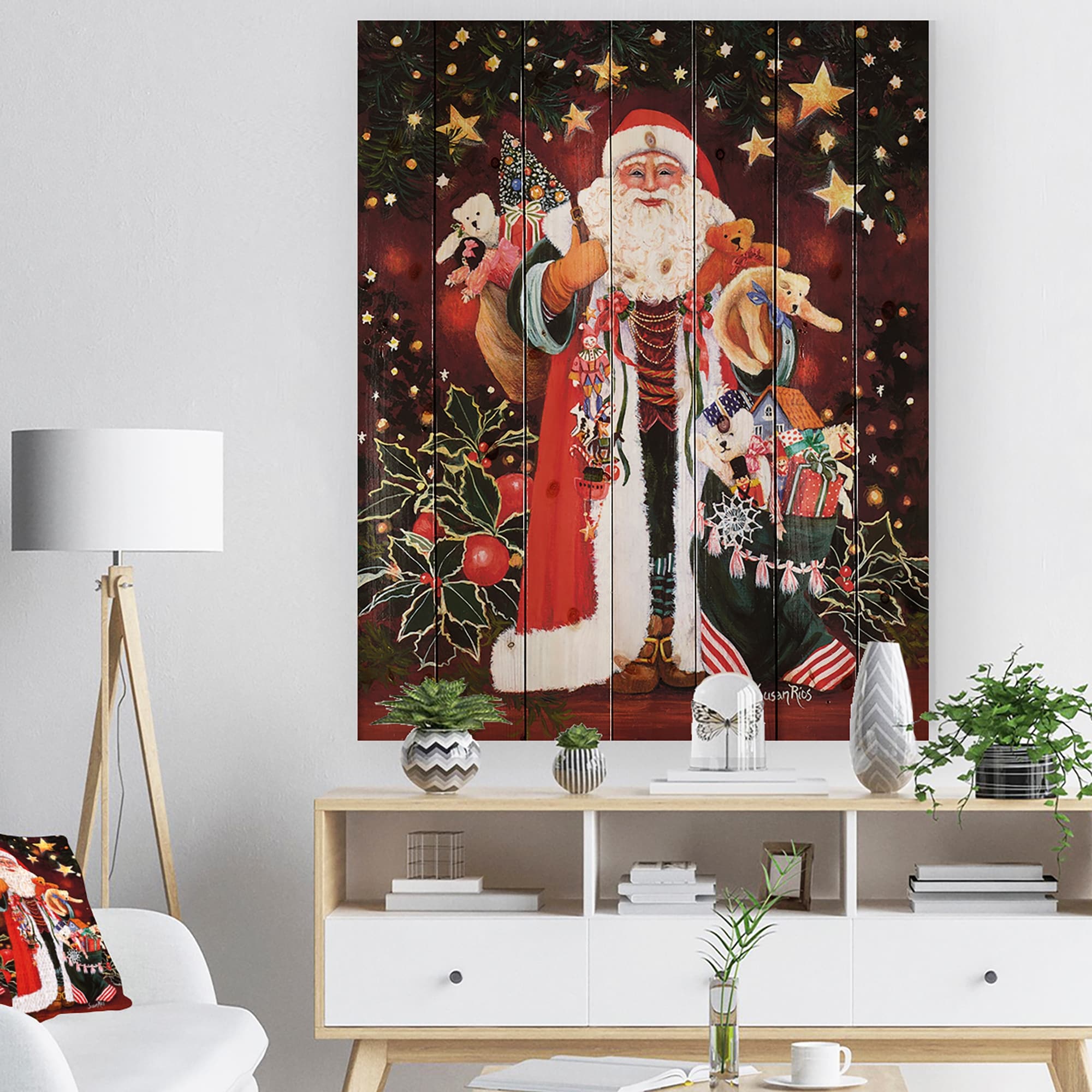 Designart Happy Santa Claus Magic Of Christmas Print On Natural Pine Wood Red