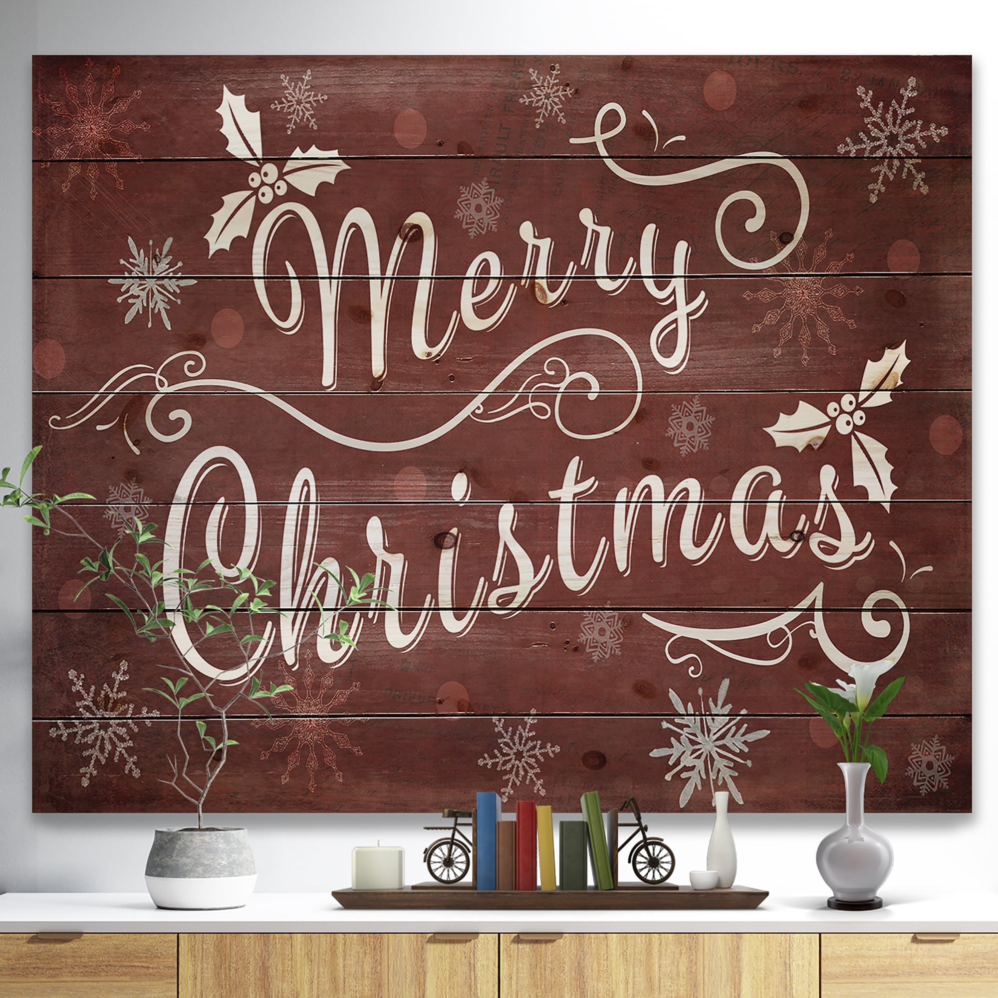 Designart Merry Christmas Season Greetings On Red Print On Natural Pine Wood Red