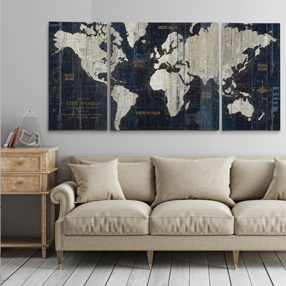 Old World Map Blue 3 Piece Graphic Art Print Set On Wrapped Canvas Blue