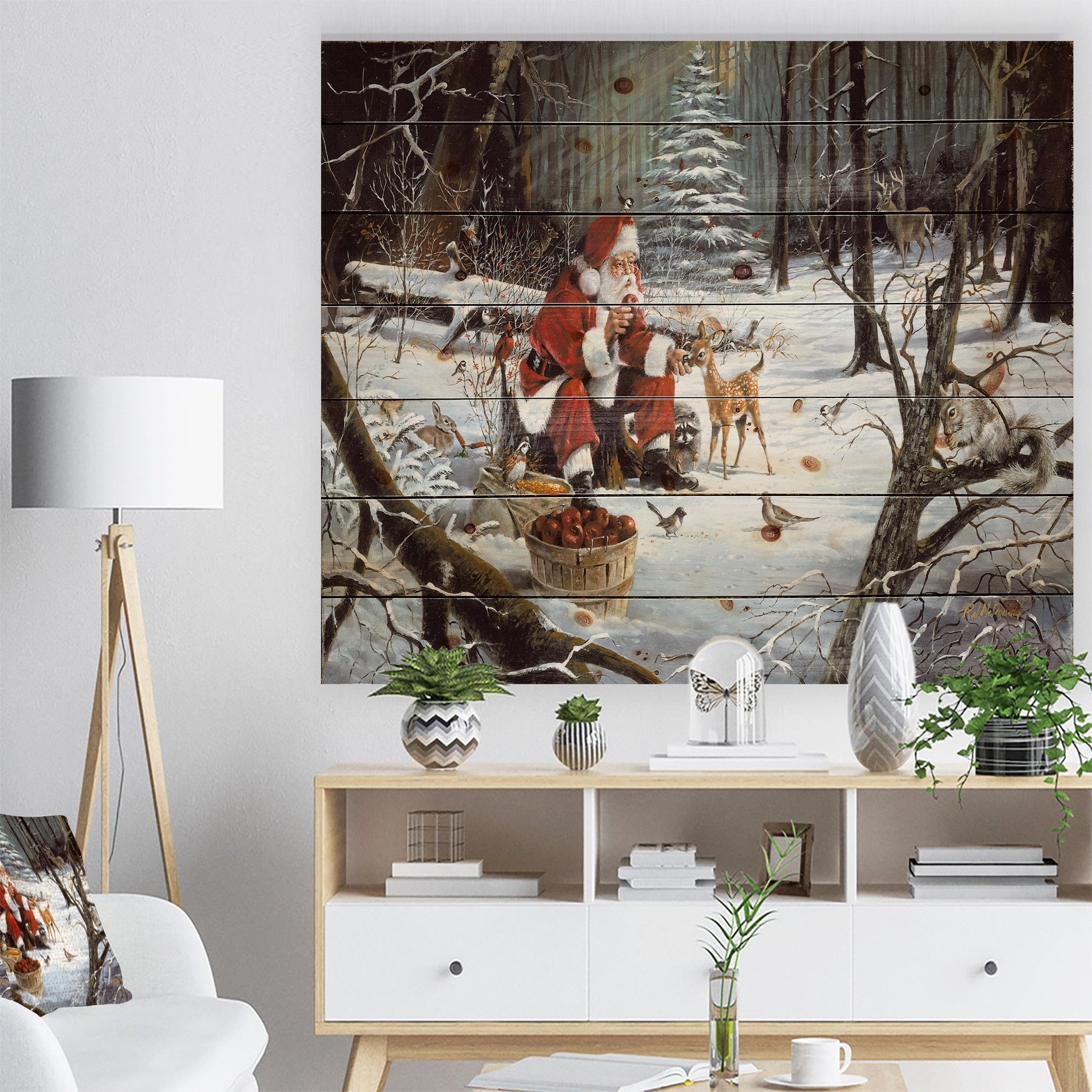 Designart Santa Claus With Deer In Snowy Woods Print On Natural Pine Wood White