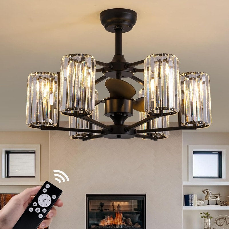 27 Crystal Ceiling Fan With Light And Remote Control 6 Light Black Caged Fandelier Luxury Ceiling Fan For Living Room Kitchen