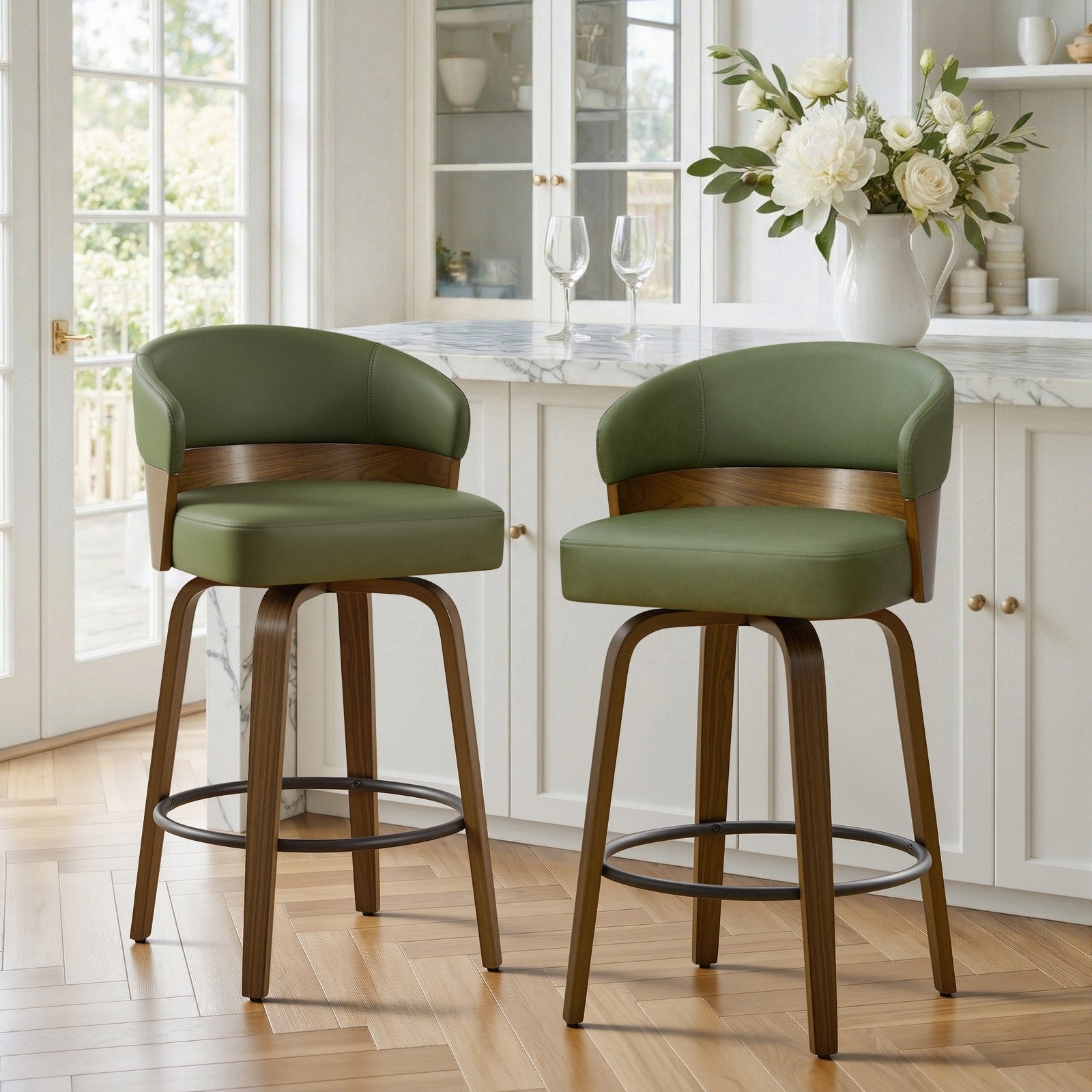 Mid Century Upholstered Swivel Bar Stool With Curved Back Bentwood Legs 36.2 H X 19.5 W X 21.3 D
