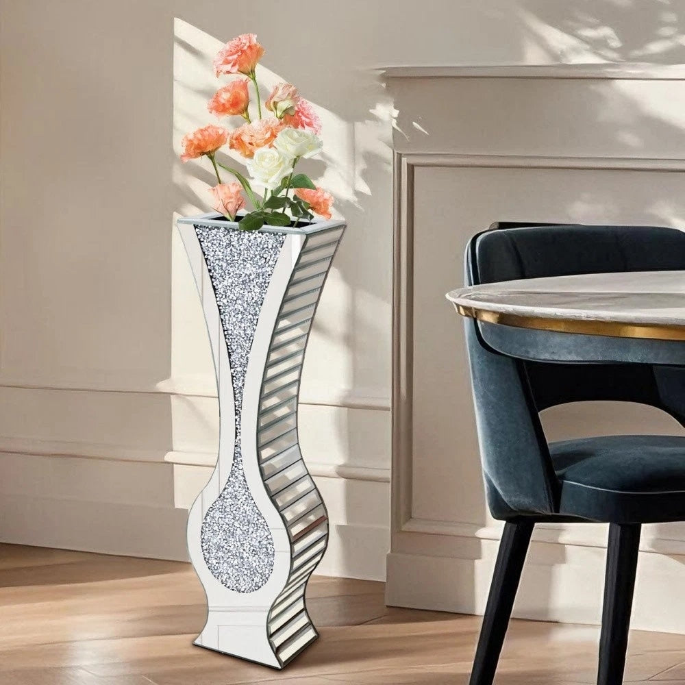 27 Tall Silver Mirrored Floor Vase Glam Crushed Diamond Vases