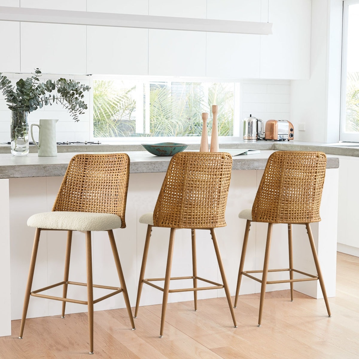 27 Upholstered Boucle Rattan Back Counter Stool