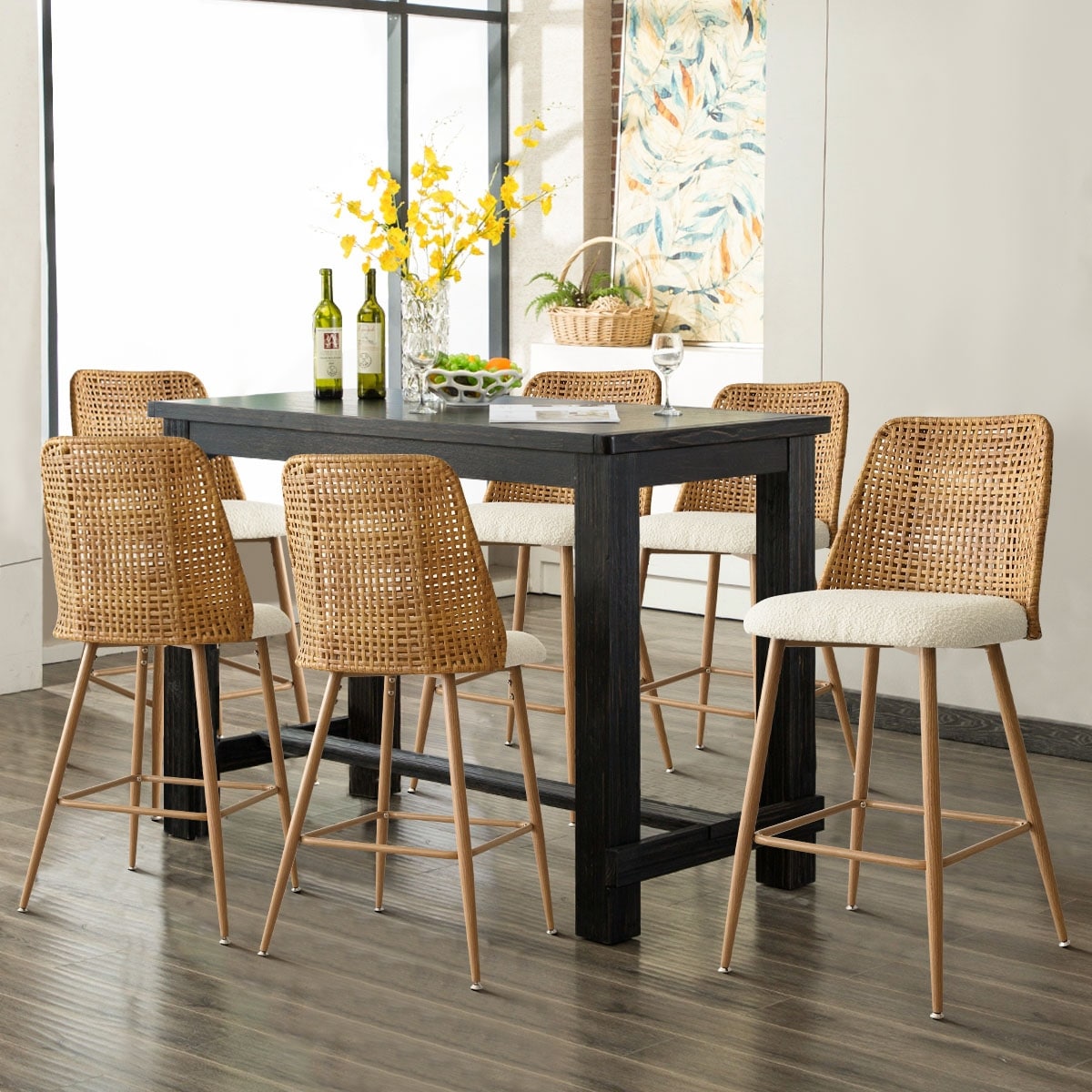 27 Upholstered Boucle Rattan Counter Stool Set Of 6