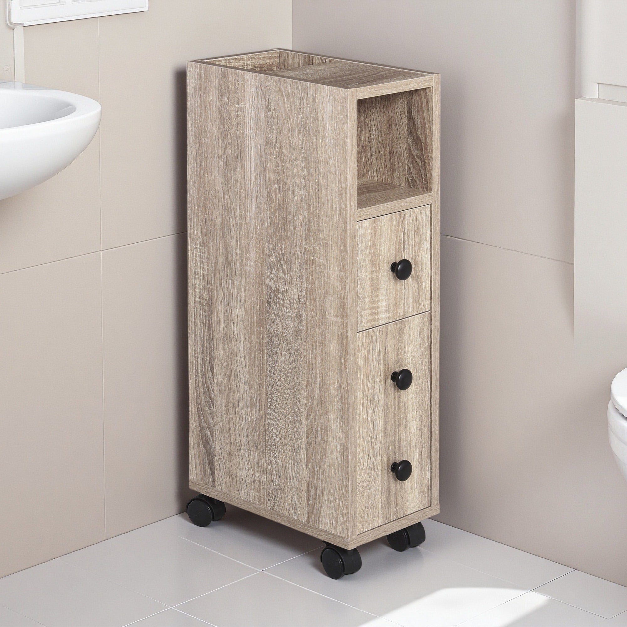 27 H Freestanding Compact Design Bathroom Cabinet With 2 Open Cabinets 1 Door Cabinet 1 Drawer And 4 Rolling Wheels